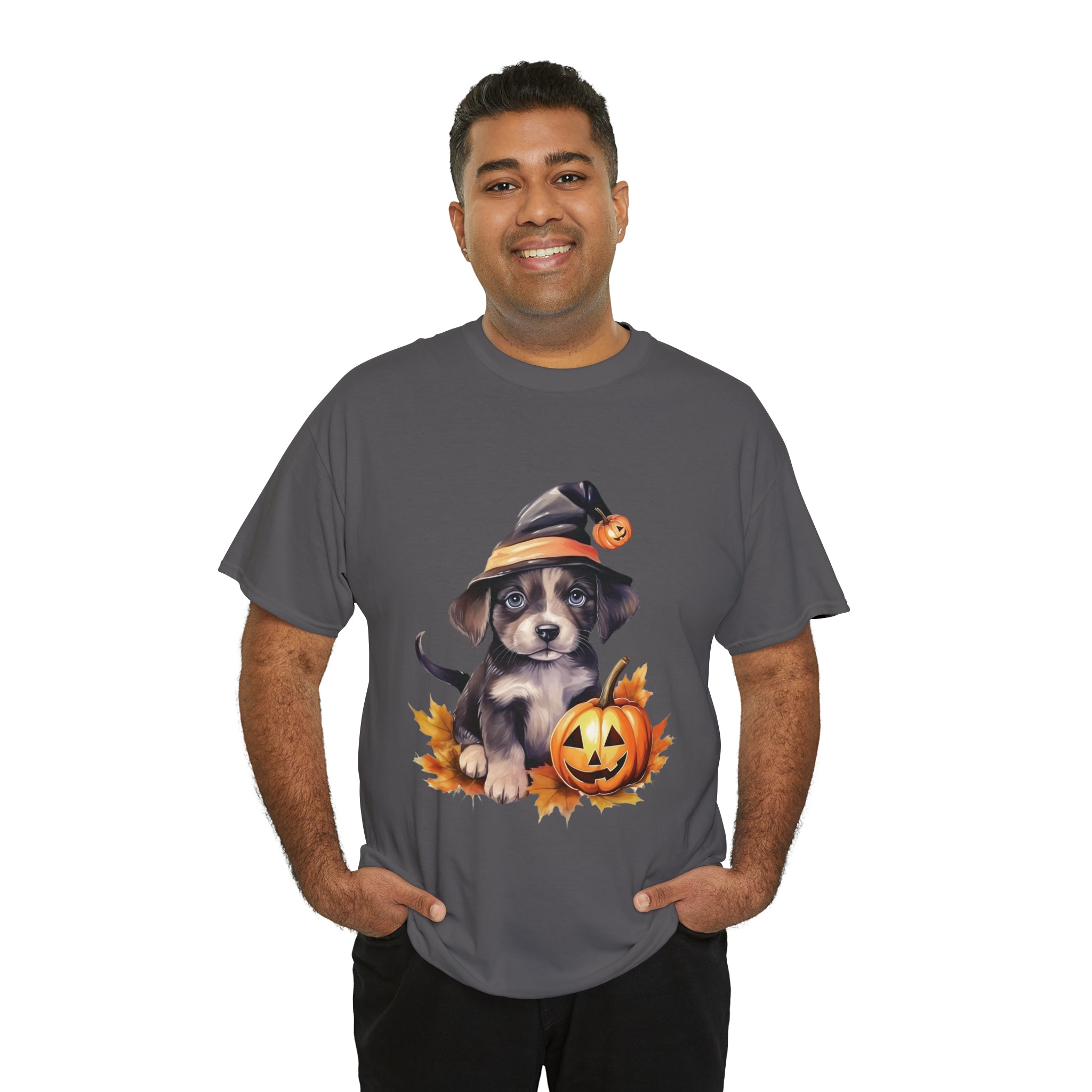 halloween t shirt puppy in witch hat cute gift for her stocking stuffer fall fun item for whole family Unisex Heavy Cotton Tee