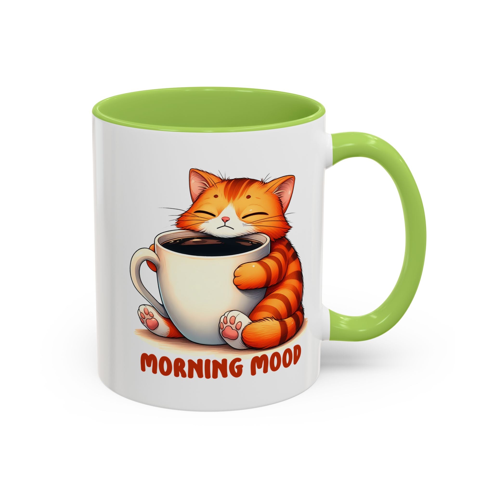 Morning Mood Cat Coffee Mug — Cute Orange Cat Holding Cup (11/15oz)