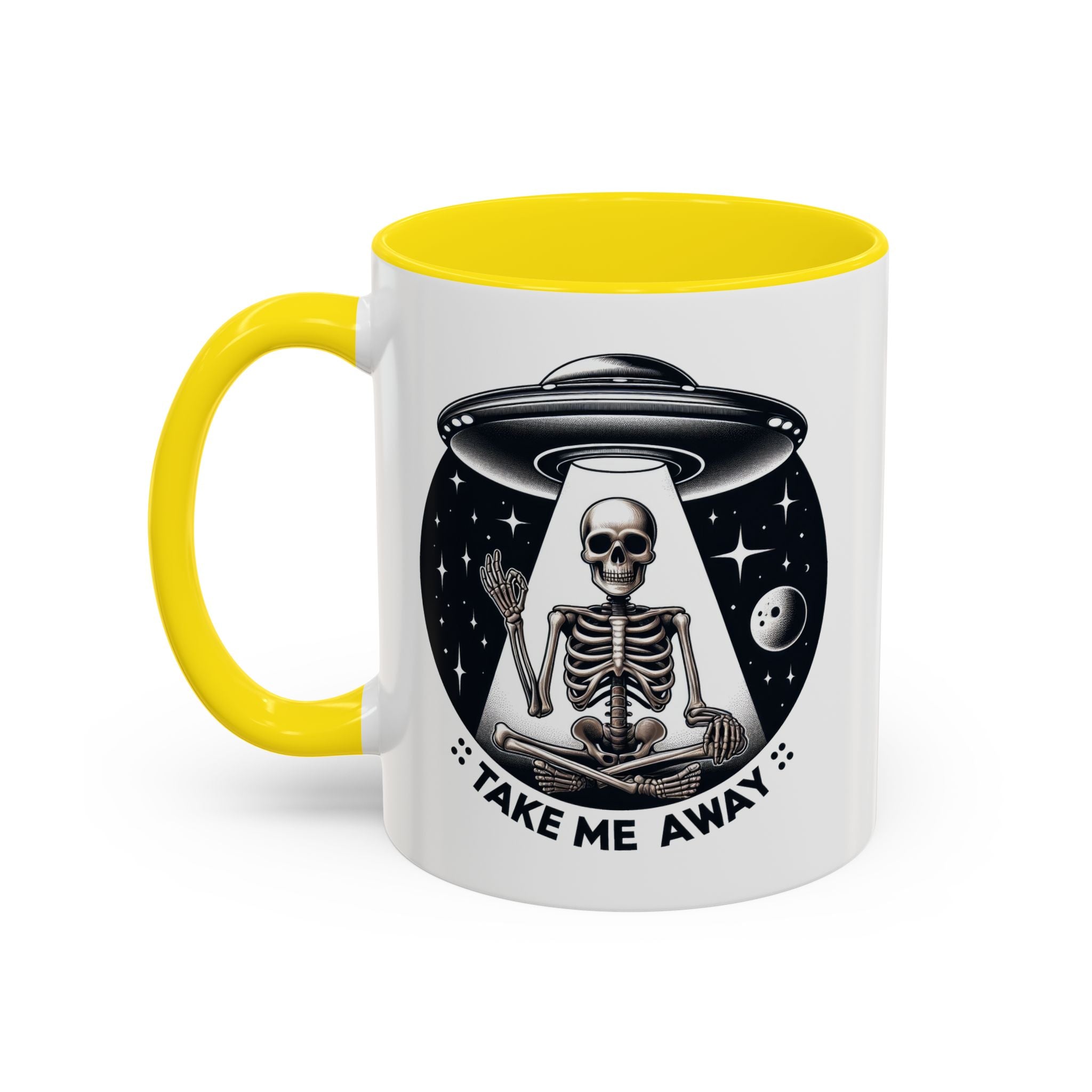 Alien-themed Coffee Mug: Take Me Away, Space Lover Gift, Skeleton Mug, Unique Drinkware for Sci-Fi Fans, Halloween Decor