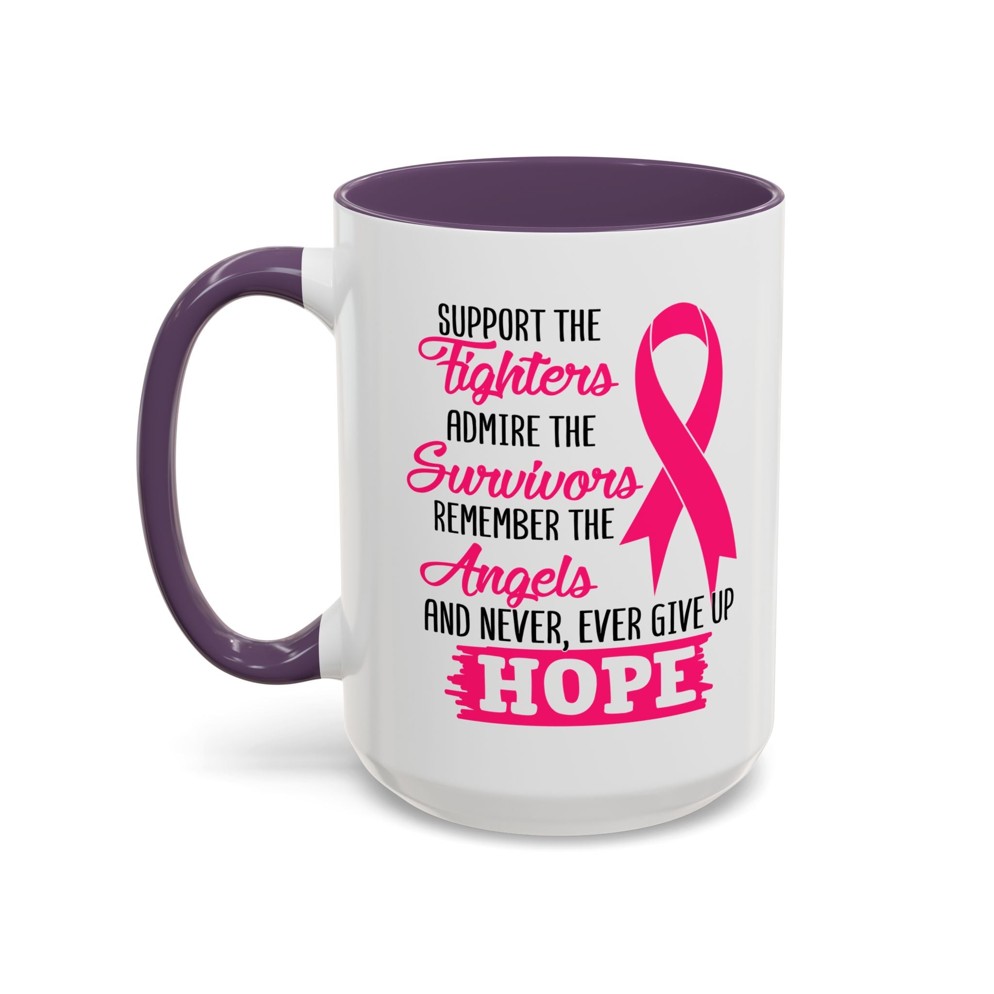 Inspirational Pink Ribbon Coffee Mug: Support Fighters, Admire Survivors, Celebrate Hope, Gift for Cancer Awareness, Motivational Mug