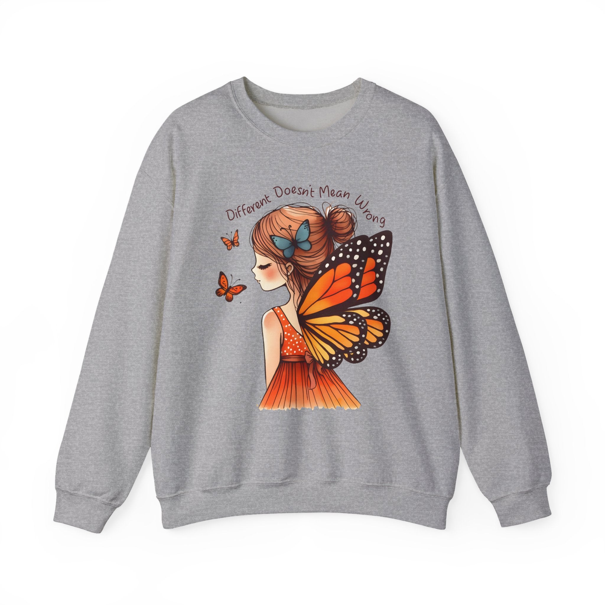 Butterfly Girl Crewneck Sweatshirt — "Different Doesn’t Mean Wrong" Graphic