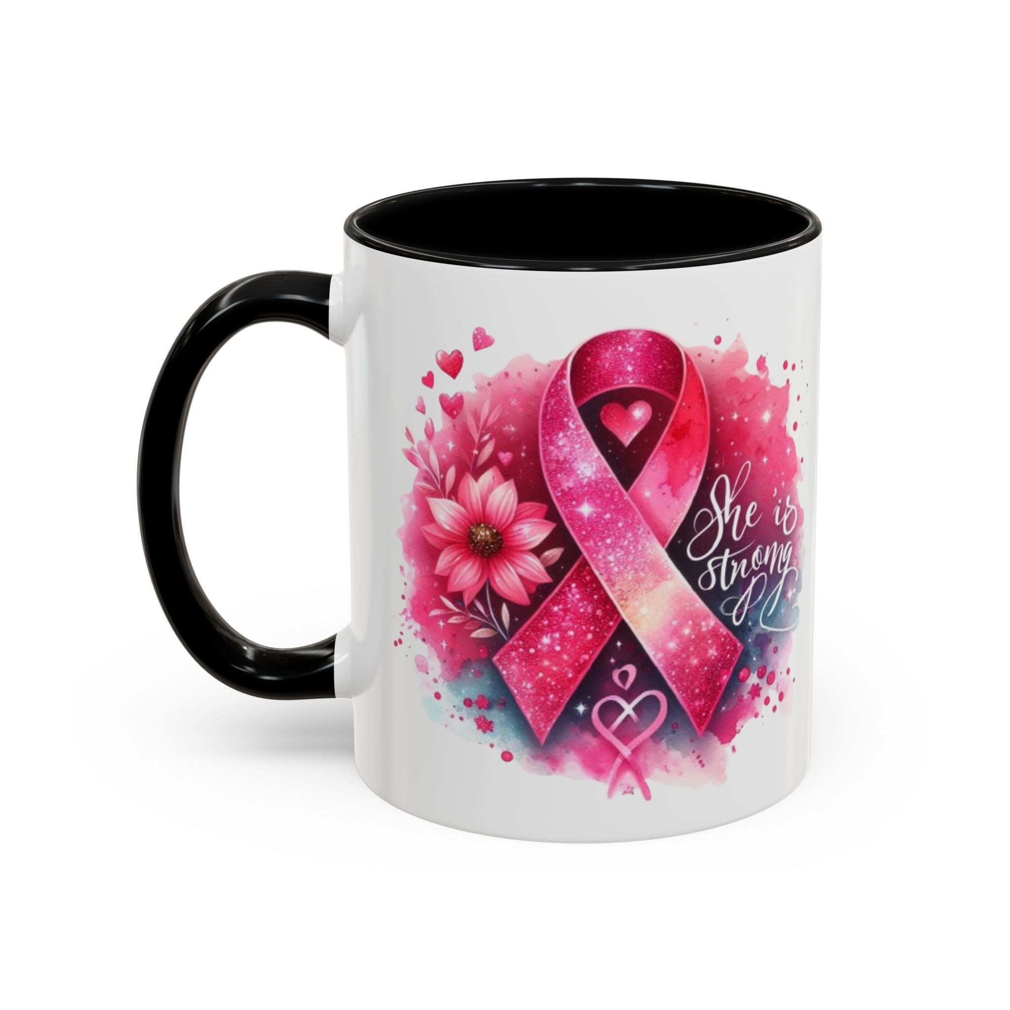 Breast Cancer Awareness Coffee Mug - Inspirational Gift, Motivational Drinkware, Supportive Cup, Pink Ribbon Design, She Is Strong