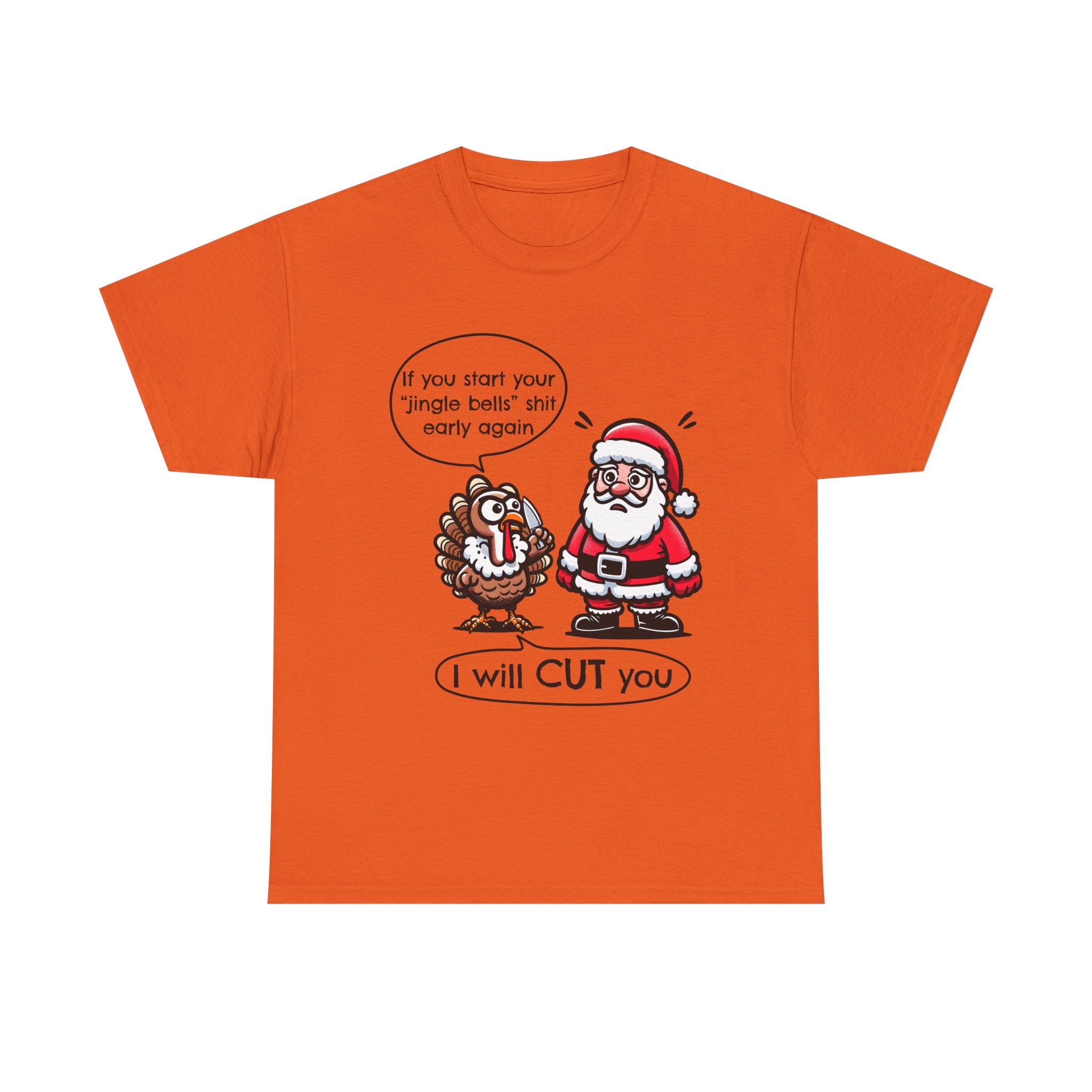 Funny Holiday Tee: 'I Will CUT You' Santa & Turkey Design, Christmas Gift, Unisex Cotton Shirt, Thanksgiving Humor, Festive Apparel