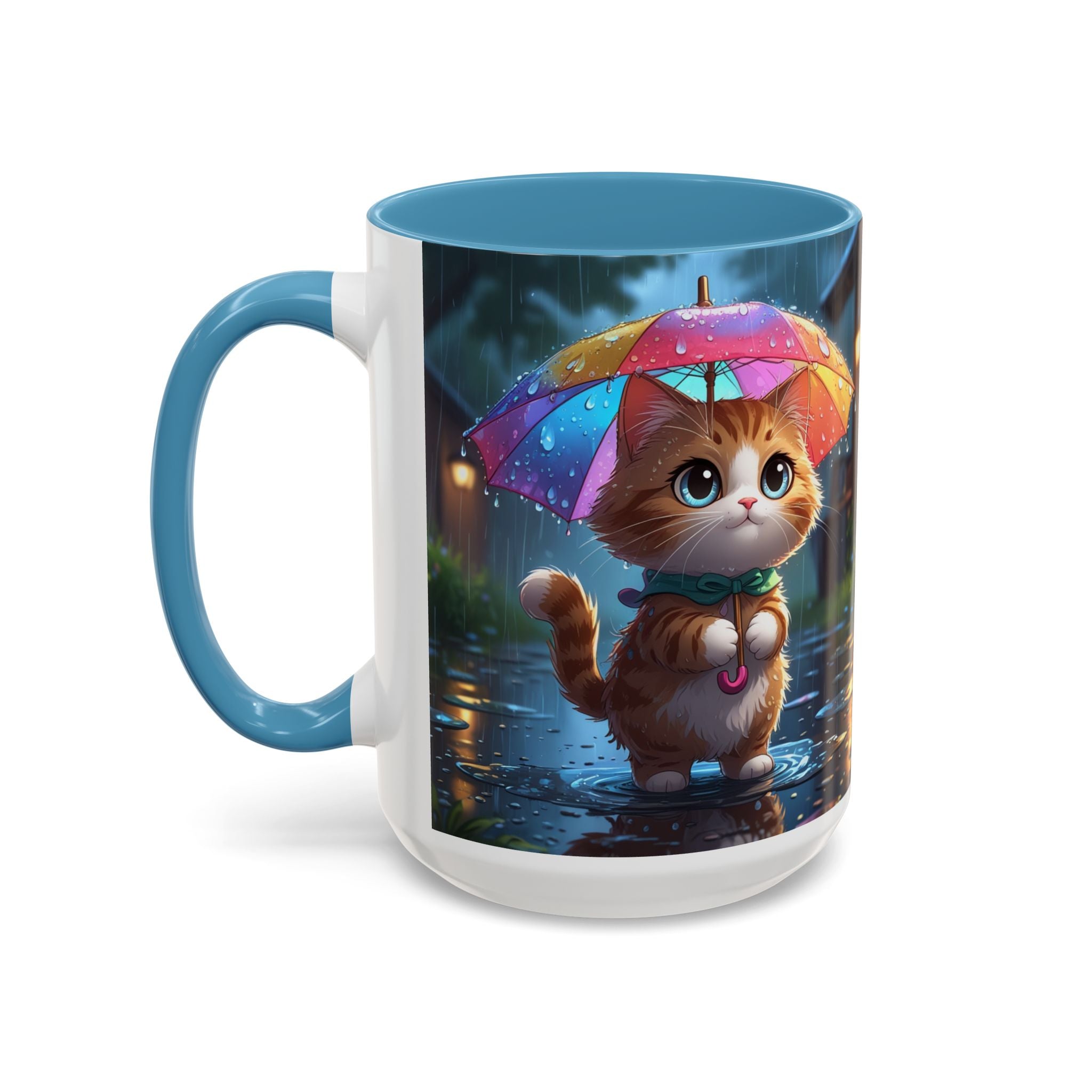 Cute Rainy Day Cat Mug — Kawaii Kitten with Rainbow Umbrella Coffee Cup (11/15oz)