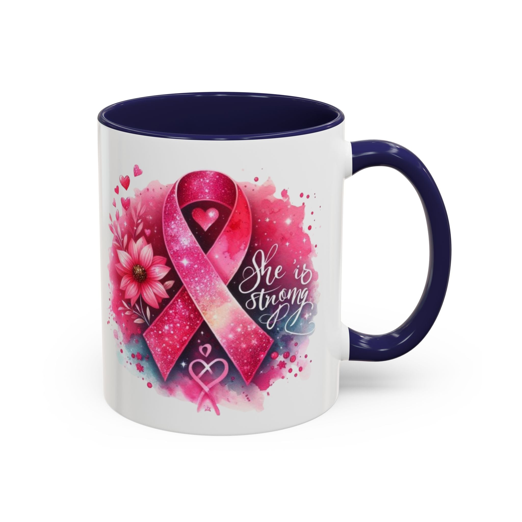 Breast Cancer Awareness Coffee Mug - Inspirational Gift, Motivational Drinkware, Supportive Cup, Pink Ribbon Design, She Is Strong