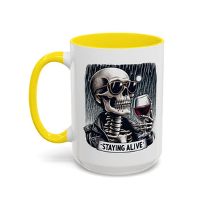 Stylish Skull Coffee Mug, Gothic Drinkware, Staying Alive Gift for Halloween, Funny Office Mug, Alternative Drinkware