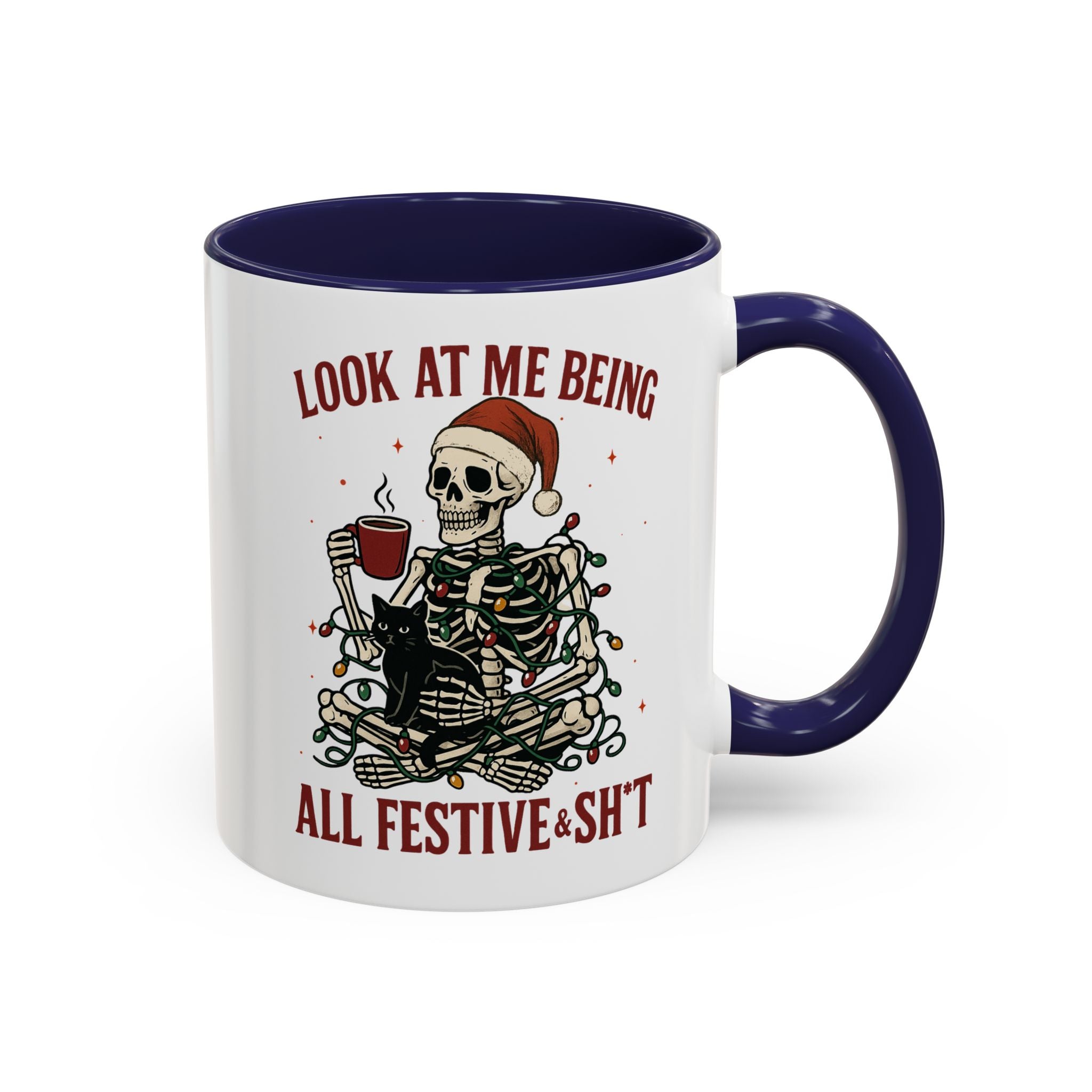 Festive Skeleton Coffee Mug, Unique Holiday Gift, Halloween Decor, Cat Lover's Mug, Funny Gift for Friends
