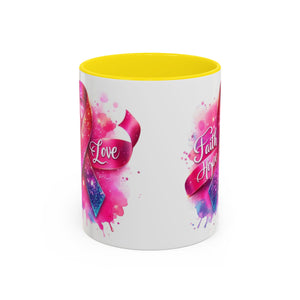 Inspirational Ribbon Coffee Mug - Faith, Hope, Love, Support, Gift for Cancer Awareness, Breast Cancer, Encouragement, Motivational