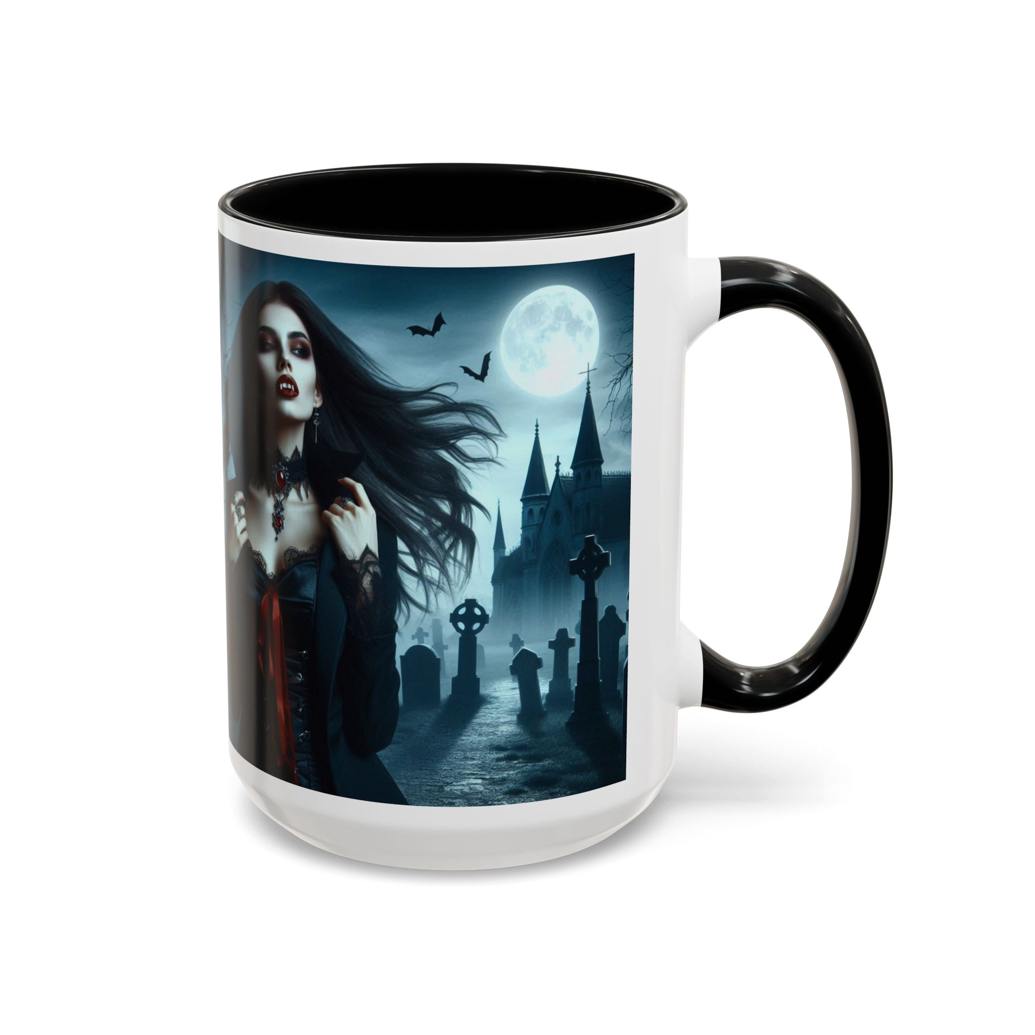 Gothic Vampire Coffee Mug - Spooky Halloween Drinkware in graveyard by castle