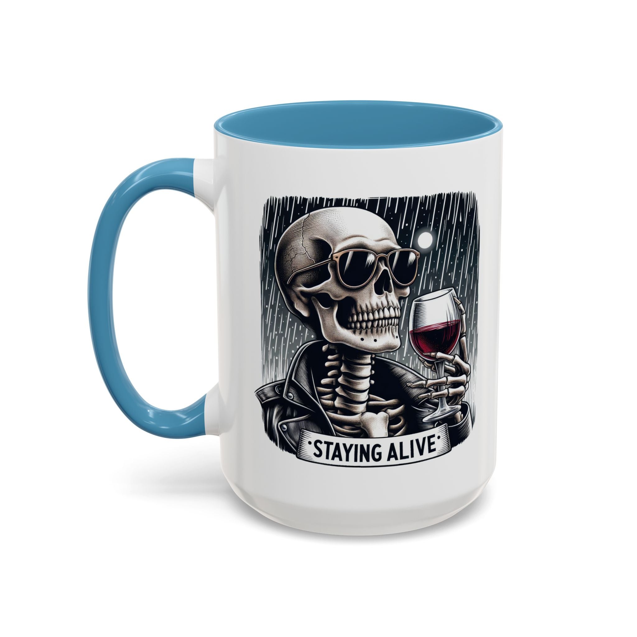 Stylish Skull Coffee Mug, Gothic Drinkware, Staying Alive Gift for Halloween, Funny Office Mug, Alternative Drinkware