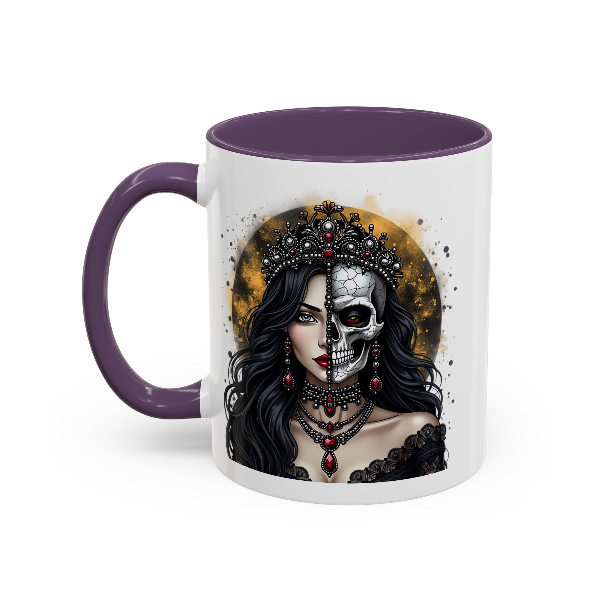 Gothic Art Accent Mug - Artistic Skull & Lady Design, Unique Coffee Cup for Halloween, Gift for Her, Decorative Kitchenware, Dark Aesthetic