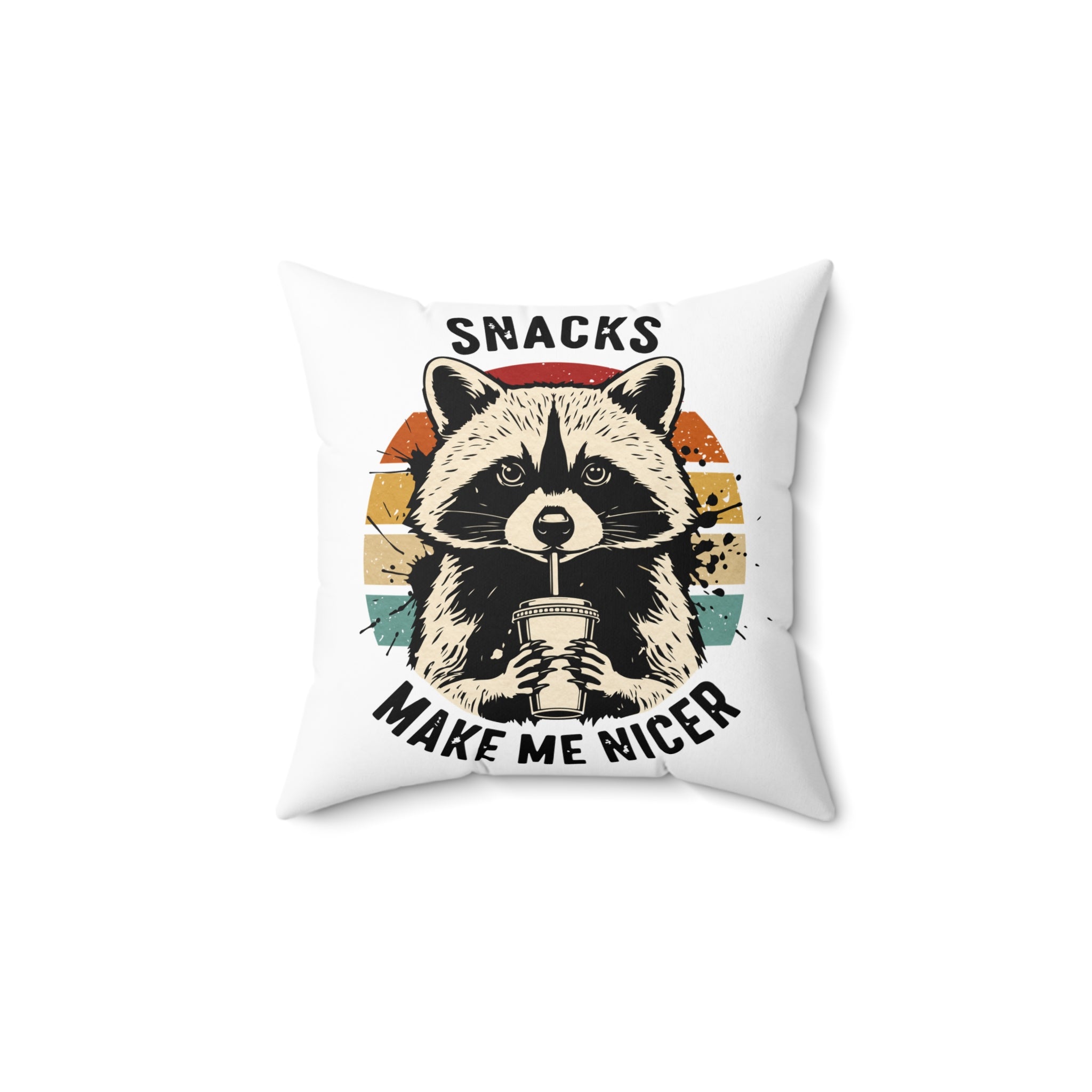 Raccoon 'Snacks Make Me Nicer' Throw Pillow - Retro Cute Decorative Cushion