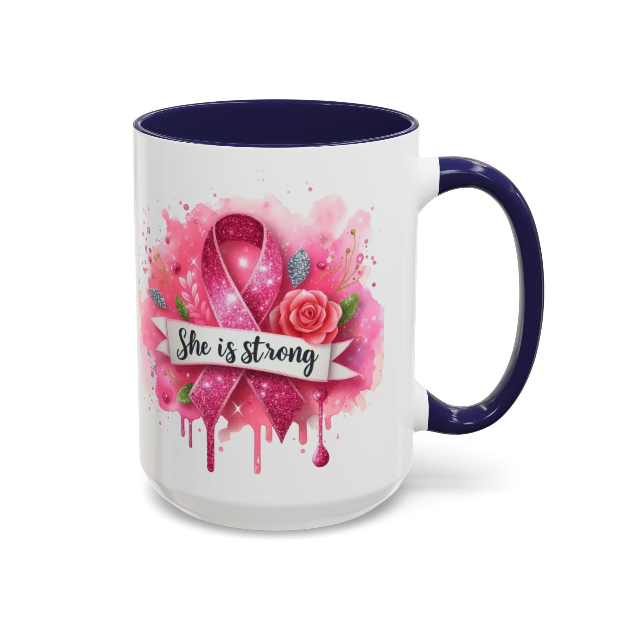 Empowering Pink Ribbon Coffee Mug - She Is Strong, Inspirational Gift for Breast Cancer Awareness, Motivational Drinkware, Supportive [...]