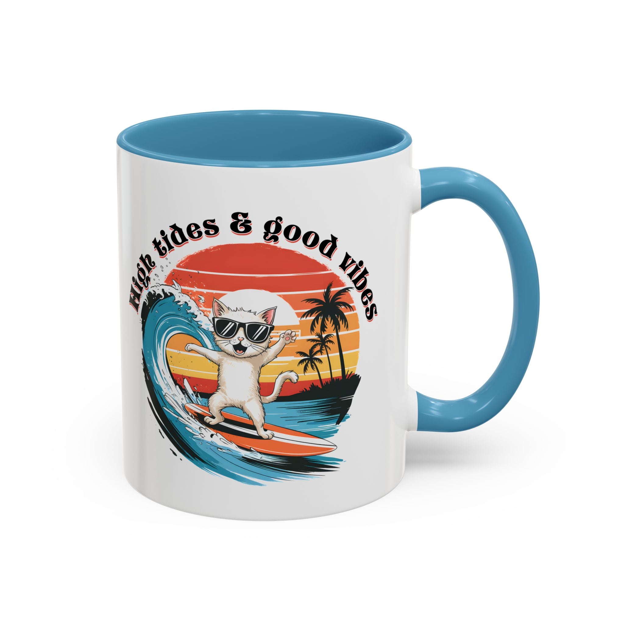 Surfing Cat Coffee Mug - High Tides & Good Vibes - Beach Lover Gift animal lover funny