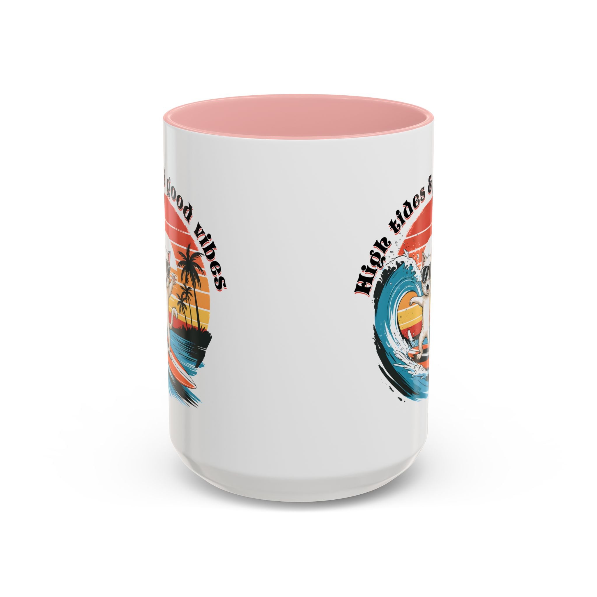Surfing Cat Coffee Mug - High Tides & Good Vibes - Beach Lover Gift animal lover funny