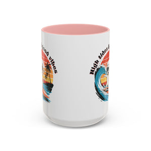 Surfing Cat Coffee Mug - High Tides & Good Vibes - Beach Lover Gift animal lover funny