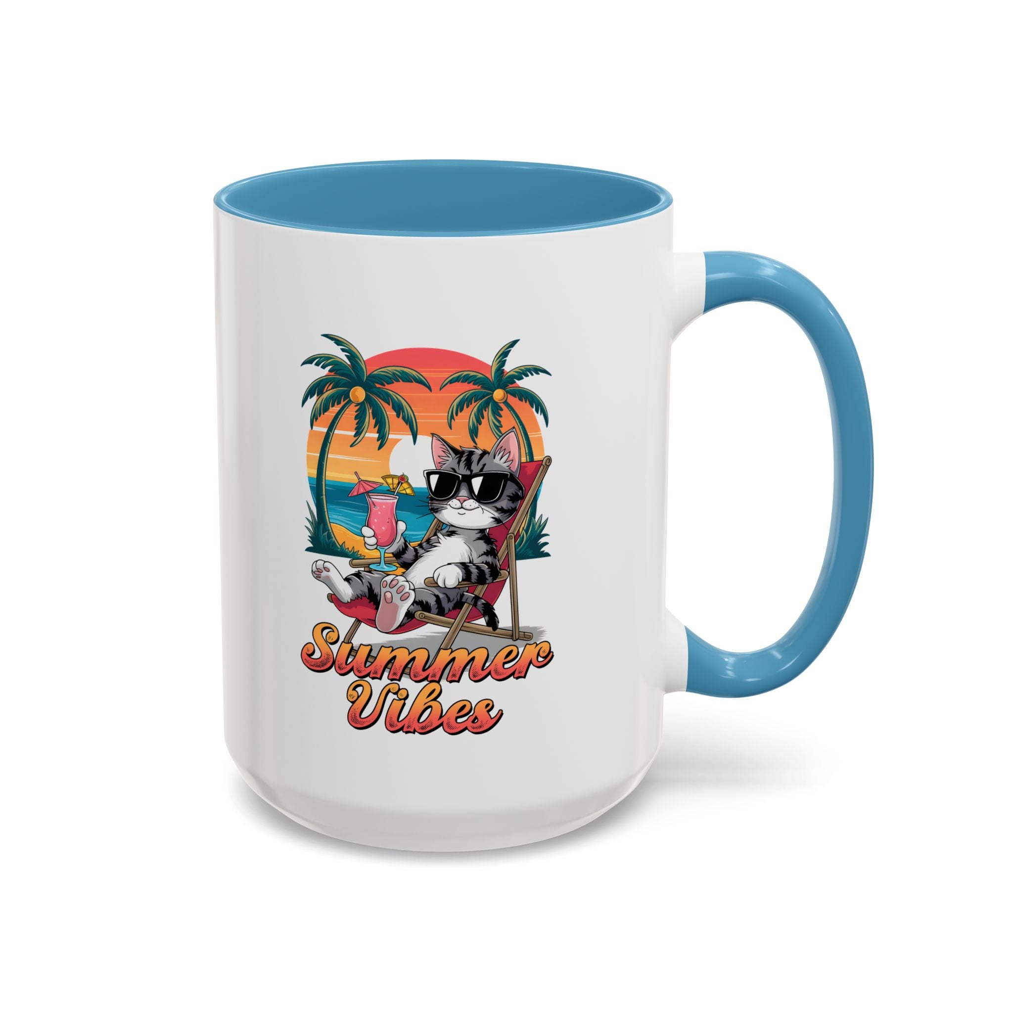 Summer Vibes Coffee Mug, Tropical Cat Mug, Beach Lover Gift, Fun Animal Sipware, Vacation-themed Drinkware, Pet Lover Cup