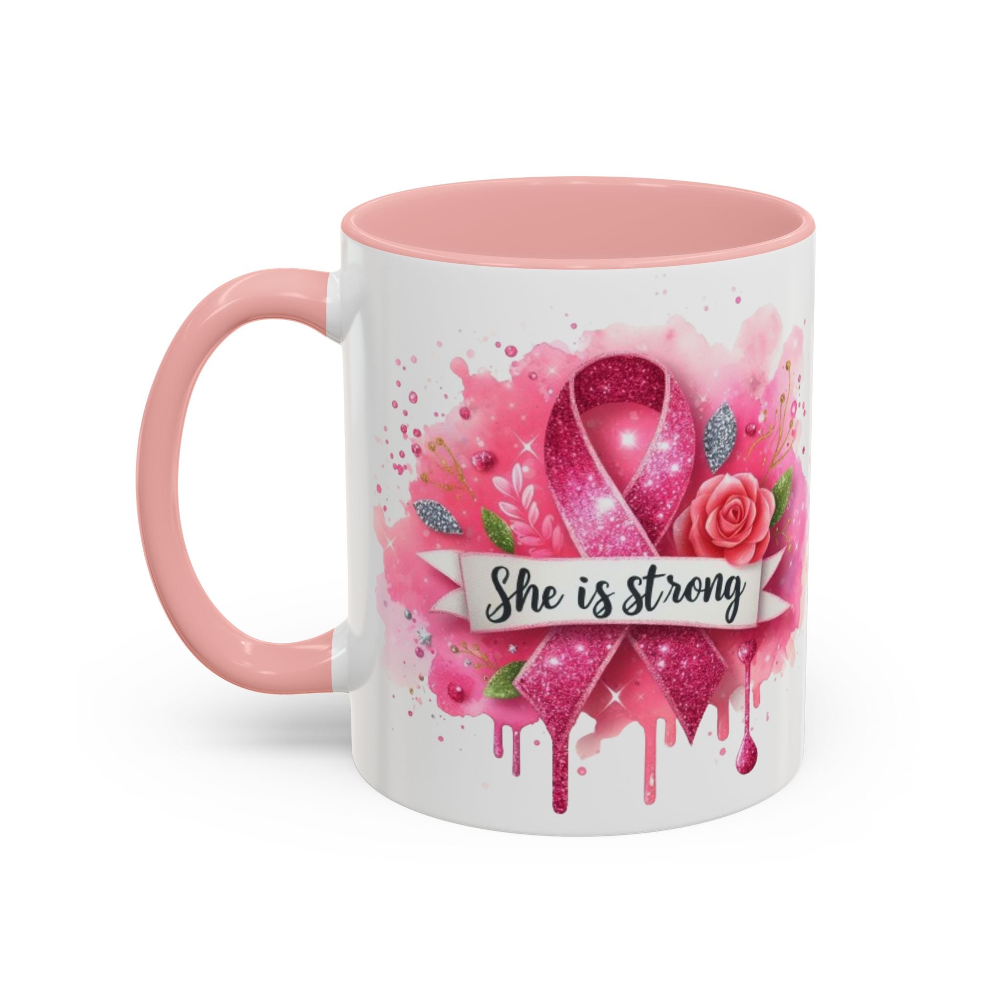 Empowering Pink Ribbon Coffee Mug - She Is Strong, Inspirational Gift for Breast Cancer Awareness, Motivational Drinkware, Supportive [...]