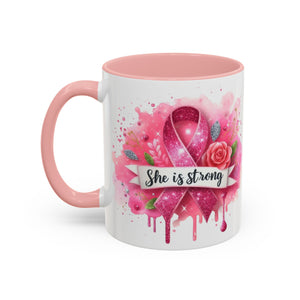 Empowering Pink Ribbon Coffee Mug - She Is Strong, Inspirational Gift for Breast Cancer Awareness, Motivational Drinkware, Supportive [...]