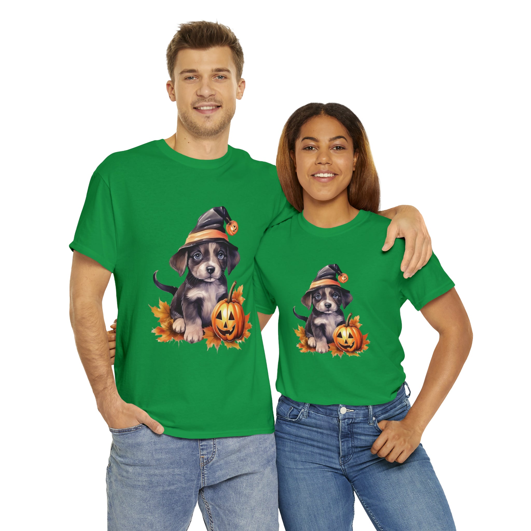 halloween t shirt puppy in witch hat cute gift for her stocking stuffer fall fun item for whole family Unisex Heavy Cotton Tee