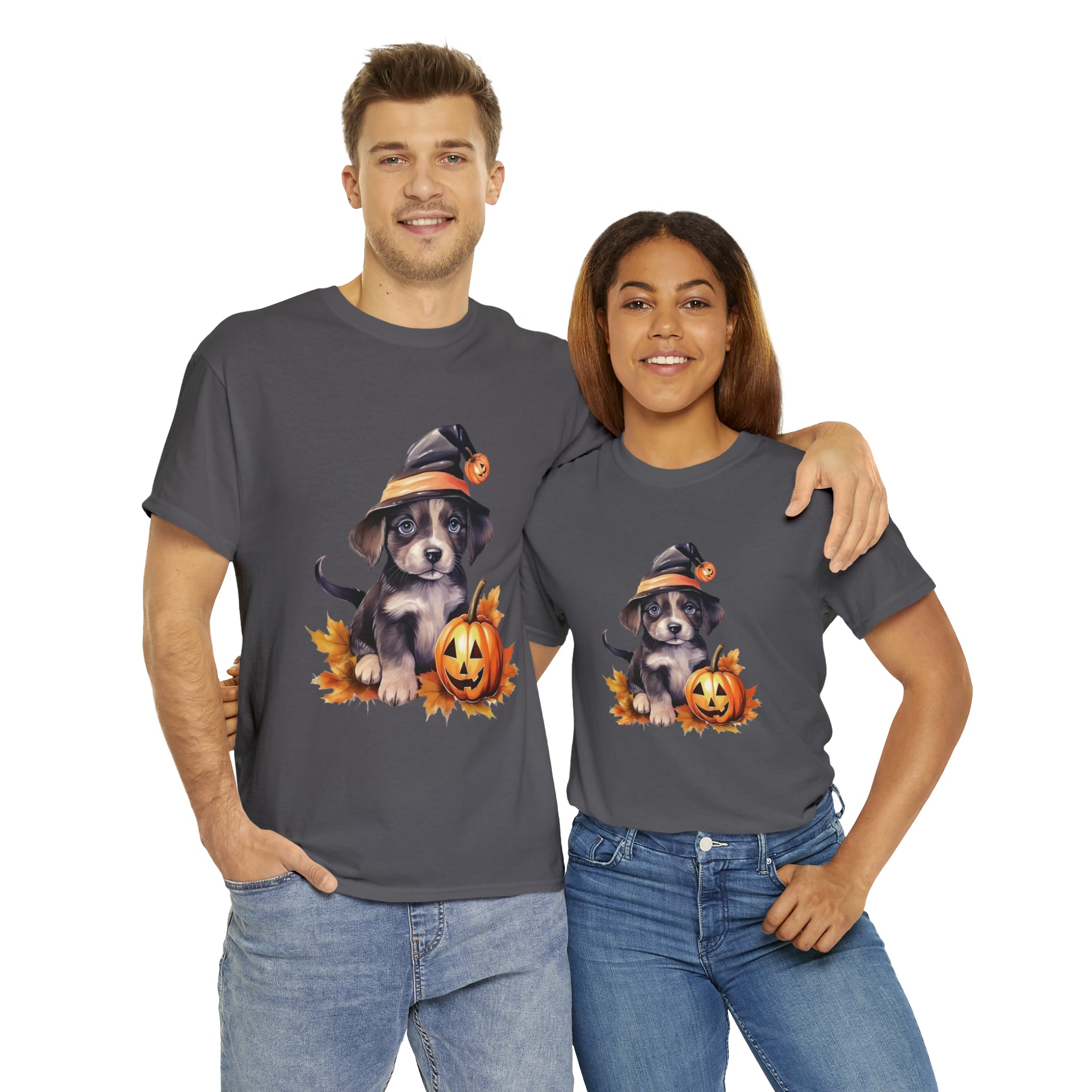 halloween t shirt puppy in witch hat cute gift for her stocking stuffer fall fun item for whole family Unisex Heavy Cotton Tee
