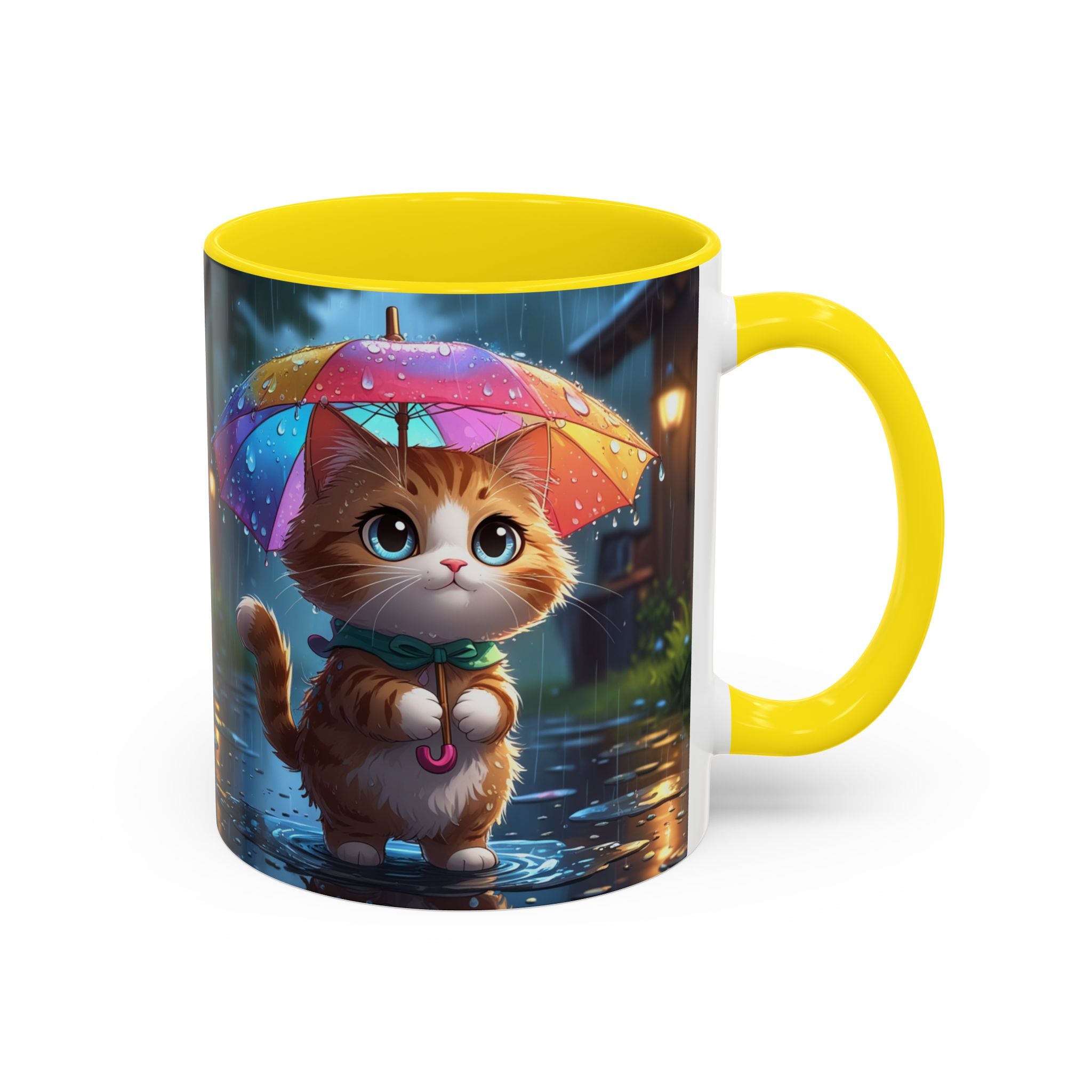 Cute Rainy Day Cat Mug — Kawaii Kitten with Rainbow Umbrella Coffee Cup (11/15oz)