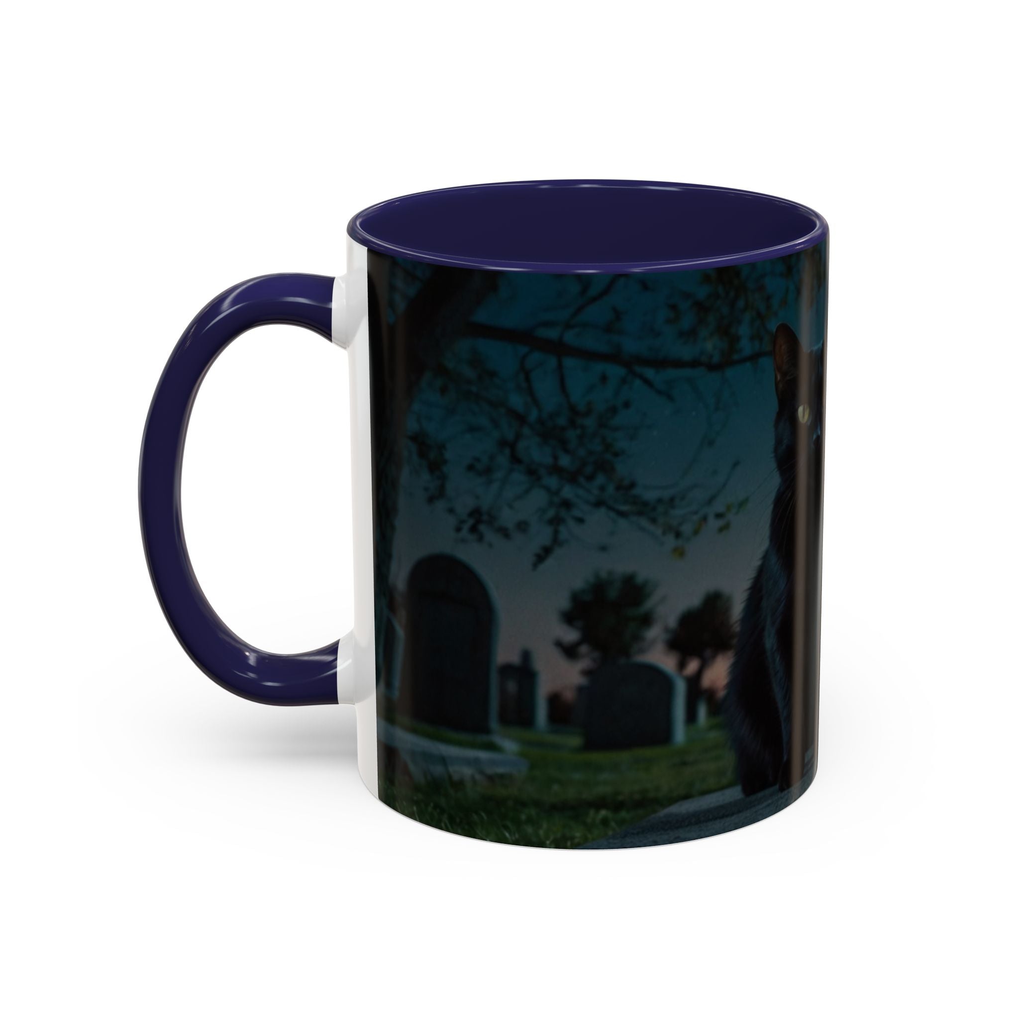 Spooky Black Cat Accent Coffee Mug in graveyard at night with full moon halloween