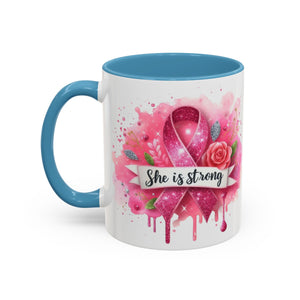 Empowering Pink Ribbon Coffee Mug - She Is Strong, Inspirational Gift for Breast Cancer Awareness, Motivational Drinkware, Supportive [...]