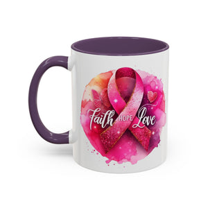 Inspirational Accent Coffee Mug with Pink Ribbon Design, Faith Hope Love Gift, Cancer Awareness Mug, Supportive Drinkware, Meaningful [...]