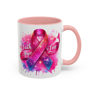 Inspirational Ribbon Coffee Mug - Faith, Hope, Love, Support, Gift for Cancer Awareness, Breast Cancer, Encouragement, Motivational