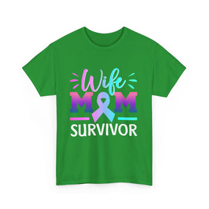 Wife Mom Survivor Tee, Unisex Heavy Cotton Tee, Cancer Awareness Shirt, Gift for Survivors, Inspirational Mom Shirt