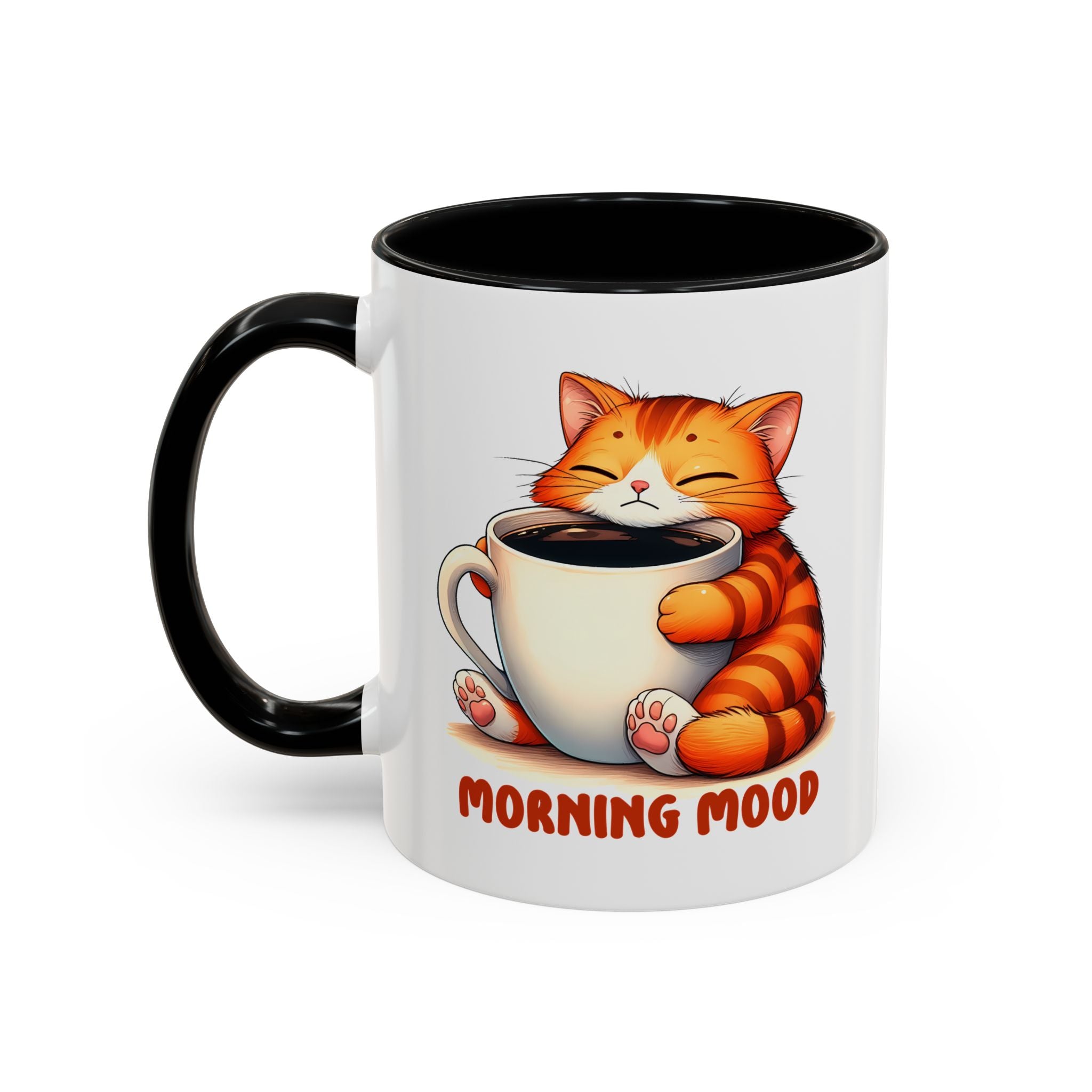 Morning Mood Cat Coffee Mug — Cute Orange Cat Holding Cup (11/15oz)