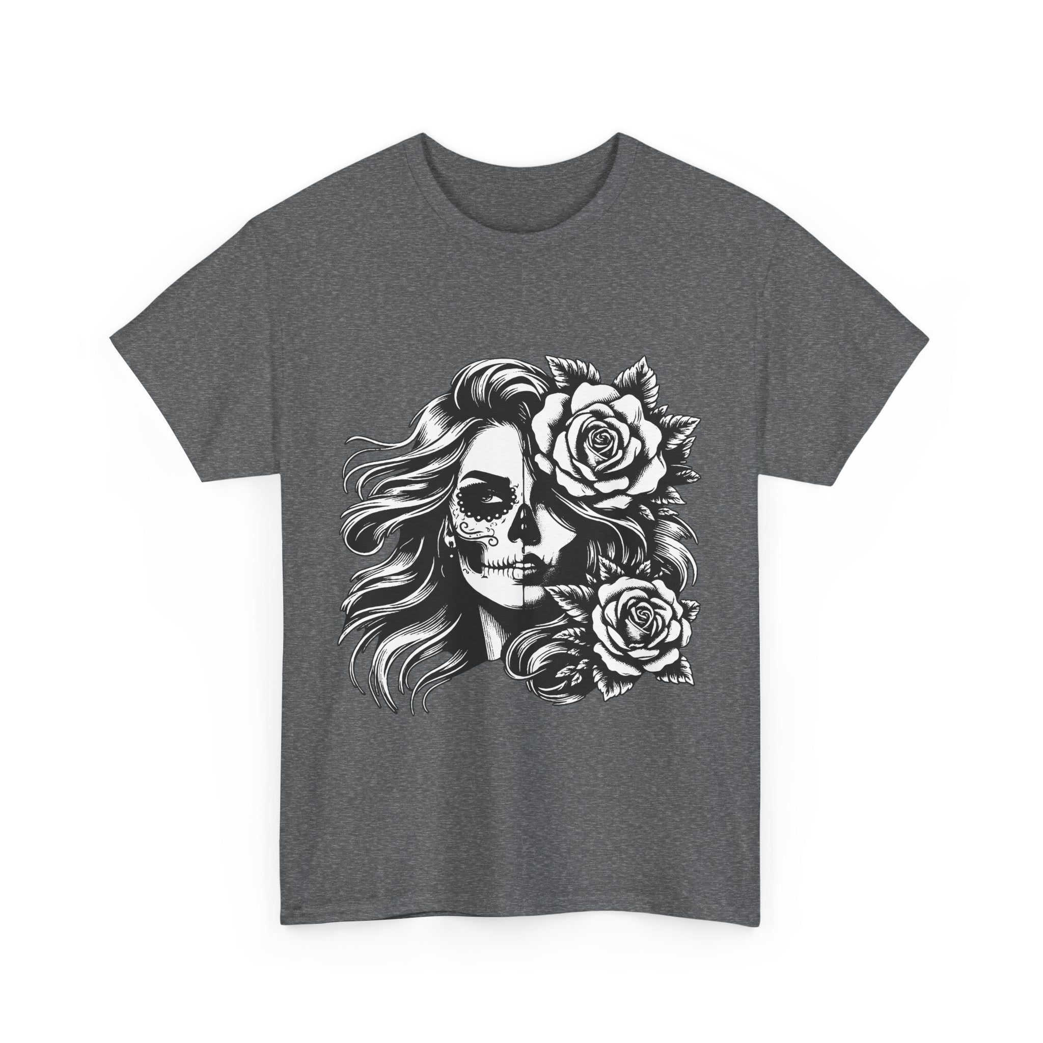 Skull & Rose Unisex Heavy Cotton Tee - Edgy Floral Graphic T-Shirt