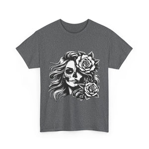 Skull & Rose Unisex Heavy Cotton Tee - Edgy Floral Graphic T-Shirt