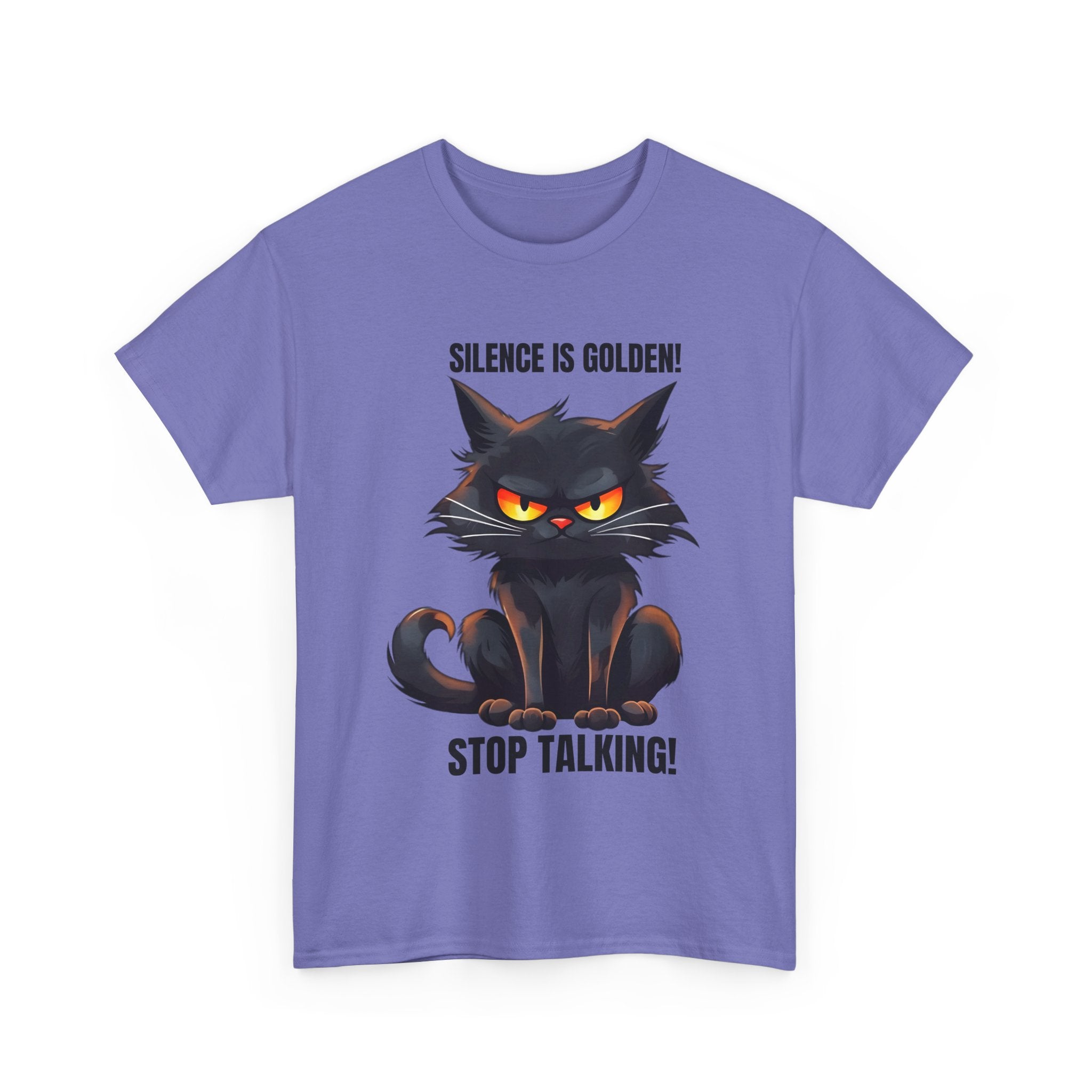 sarcasm Funny Cat Tee - "Silence is Golden! Stop Talking!" - Cute Cat Graphic T-Shirt, Gift for Cat Lovers,  Humor Shirt, Pet Owner Apparel