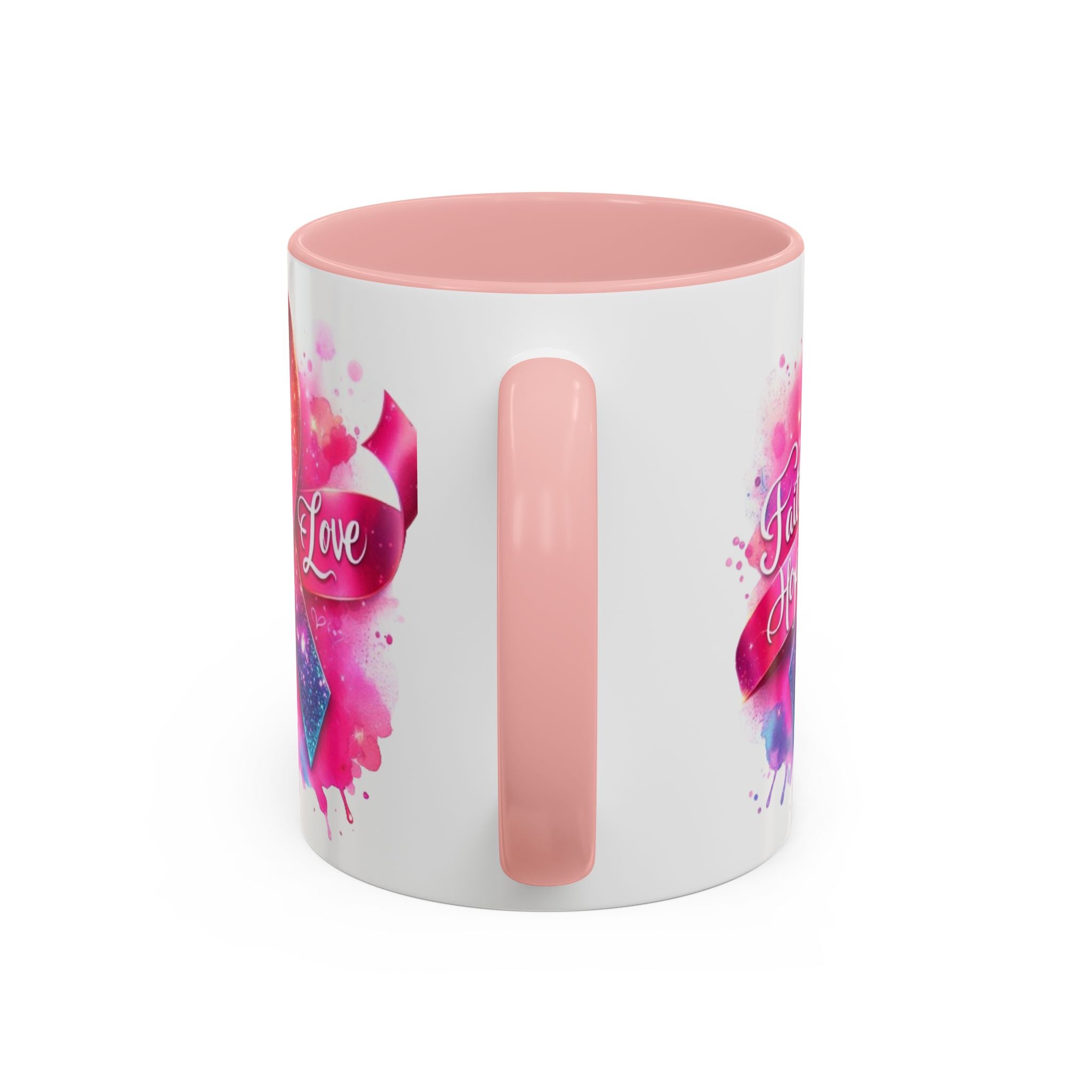Inspirational Ribbon Coffee Mug - Faith, Hope, Love, Support, Gift for Cancer Awareness, Breast Cancer, Encouragement, Motivational