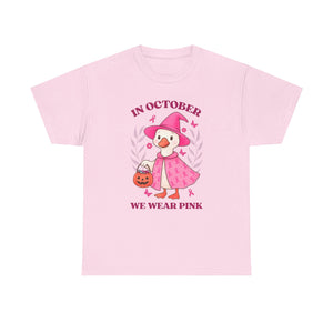 Breast Cancer Awareness Tee, Cute Pink Duck Shirt for October, Unisex Cotton T-Shirt, Awareness Month Apparel, Funny Halloween Outfit
