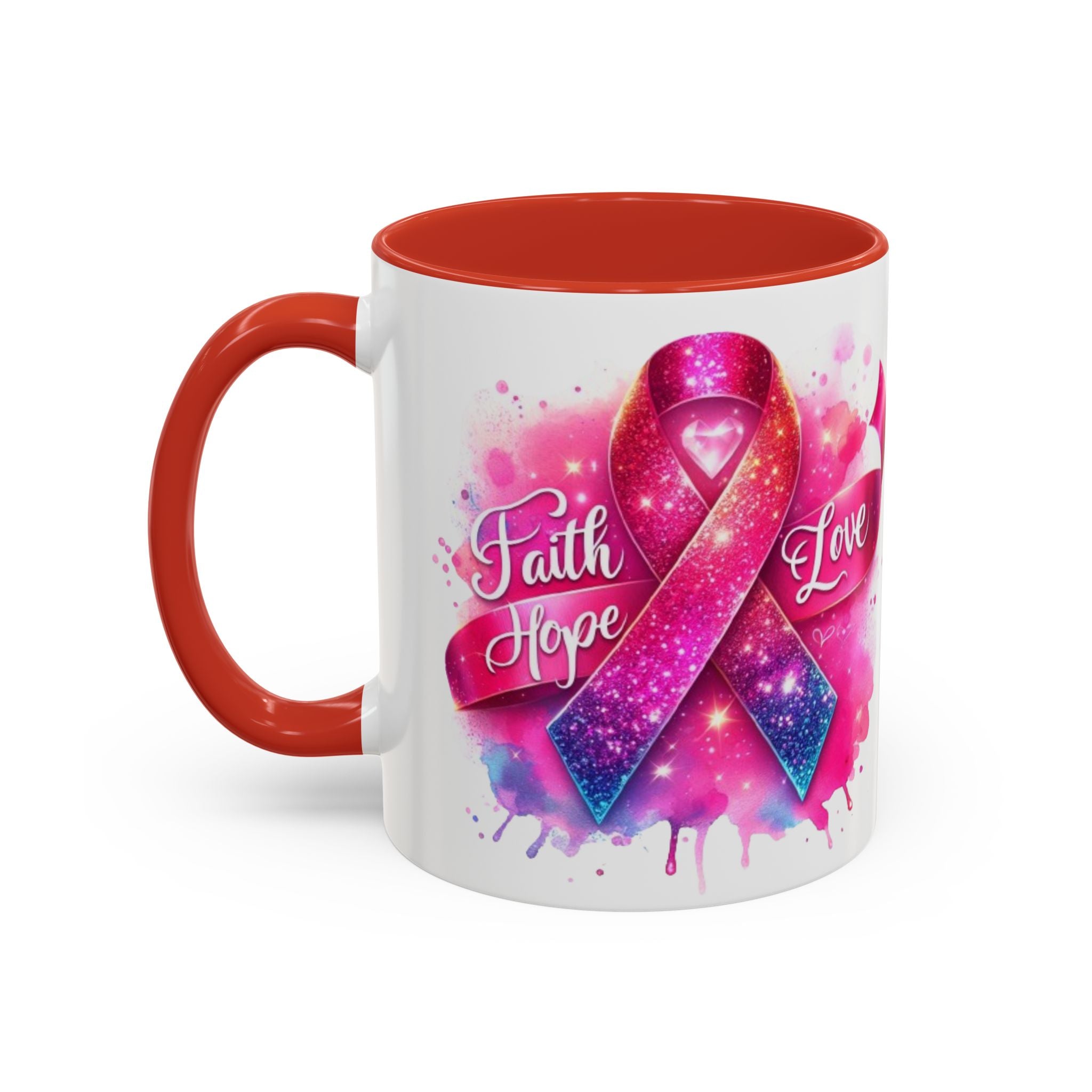 Inspirational Ribbon Coffee Mug - Faith, Hope, Love, Support, Gift for Cancer Awareness, Breast Cancer, Encouragement, Motivational