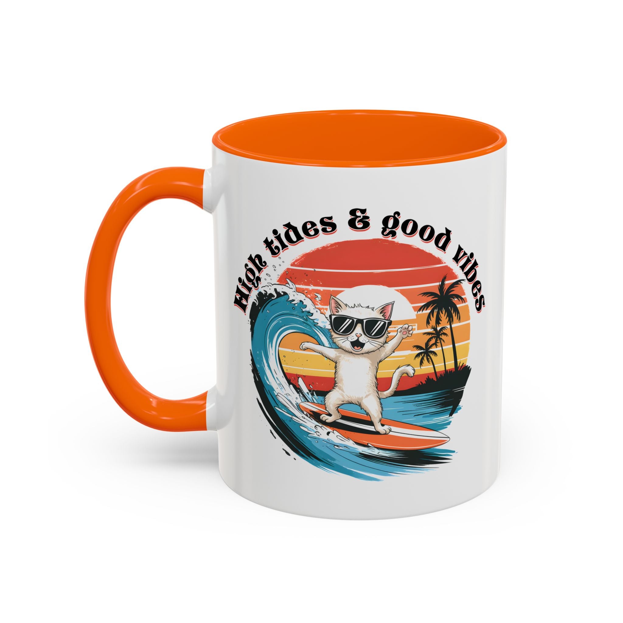 Surfing Cat Coffee Mug - High Tides & Good Vibes - Beach Lover Gift animal lover funny