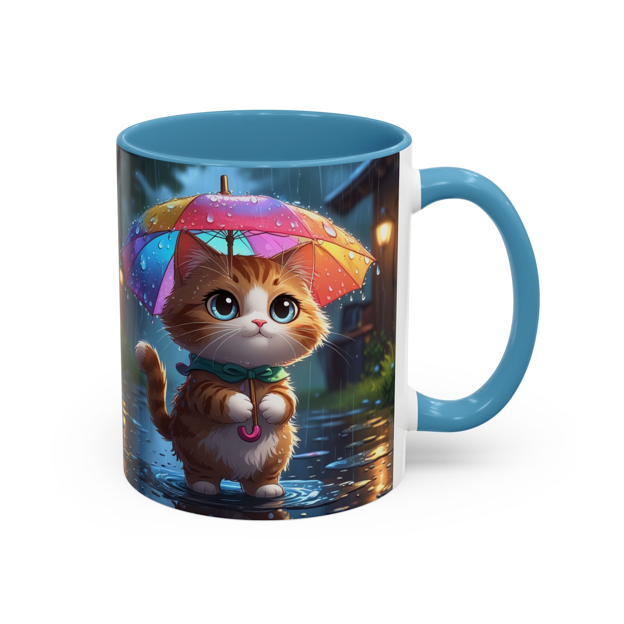 Cute Rainy Day Cat Mug — Kawaii Kitten with Rainbow Umbrella Coffee Cup (11/15oz)
