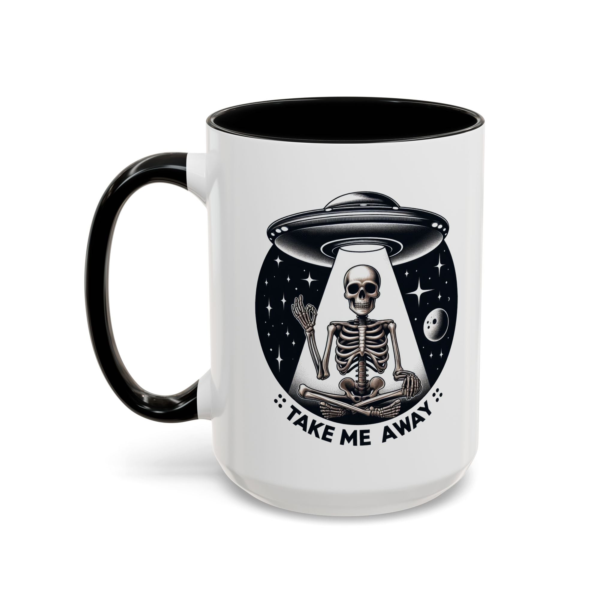 Alien-themed Coffee Mug: Take Me Away, Space Lover Gift, Skeleton Mug, Unique Drinkware for Sci-Fi Fans, Halloween Decor