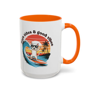 Surfing Cat Coffee Mug - High Tides & Good Vibes - Beach Lover Gift animal lover funny