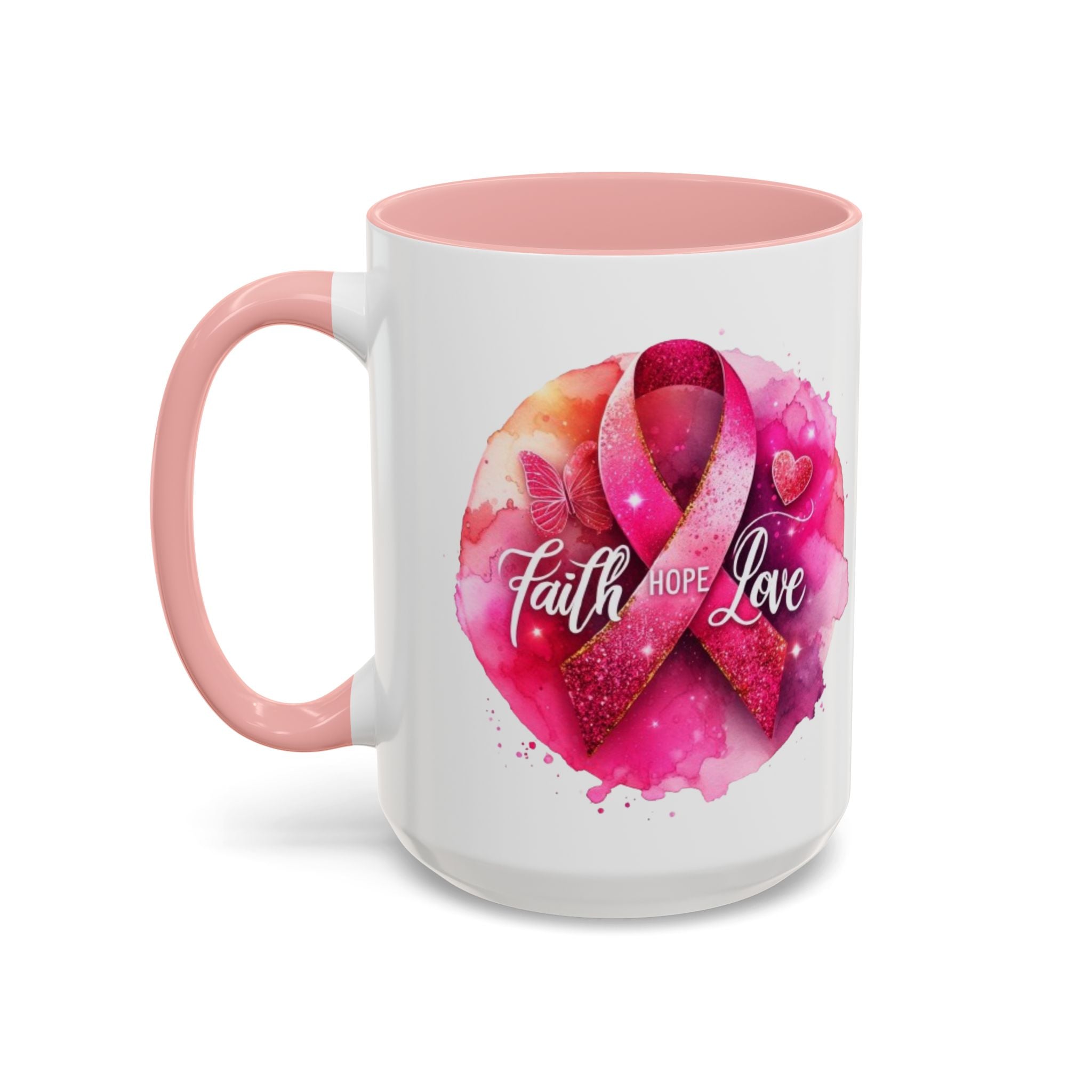 Inspirational Accent Coffee Mug with Pink Ribbon Design, Faith Hope Love Gift, Cancer Awareness Mug, Supportive Drinkware, Meaningful [...]