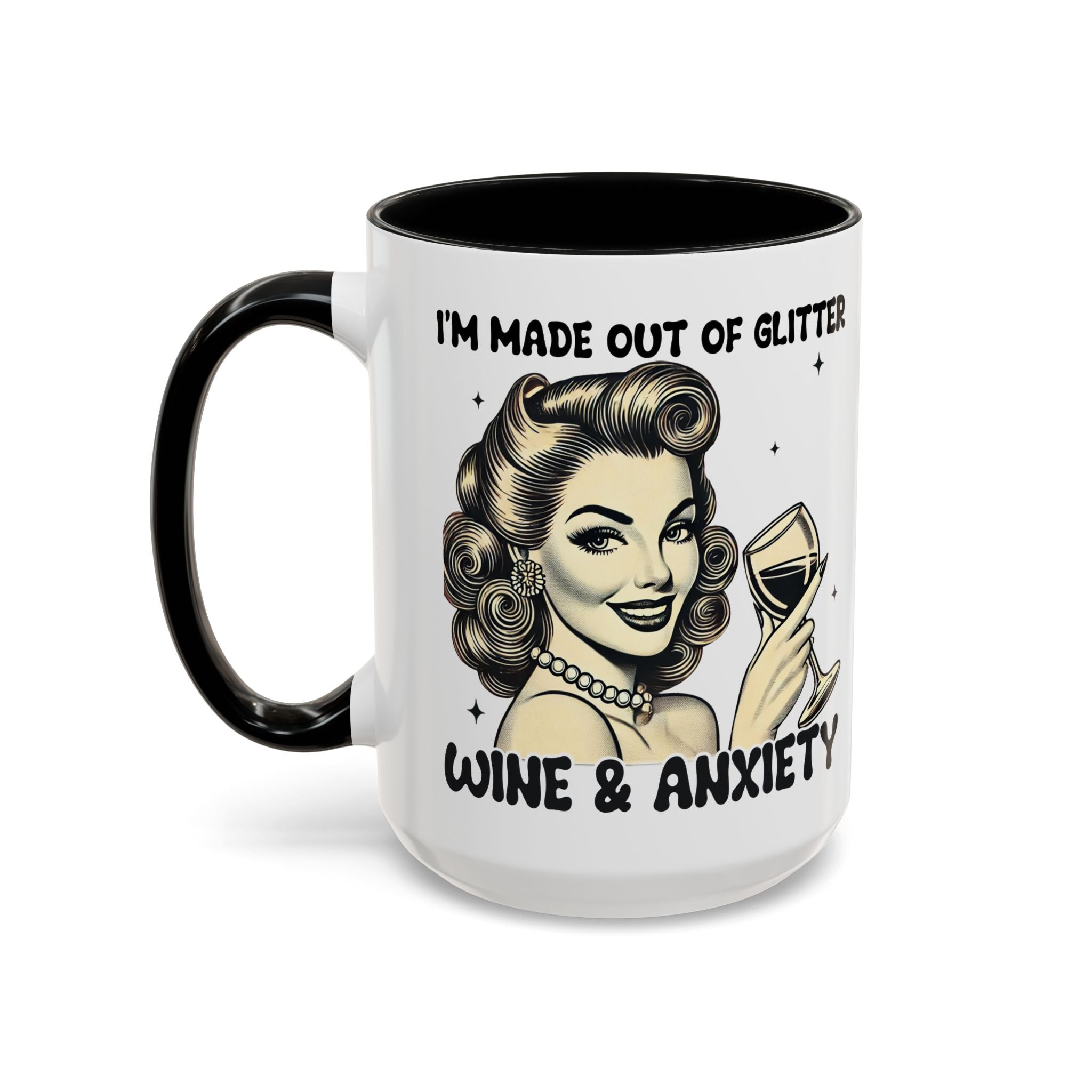 Wine & Anxiety Coffee Mug — "I'm Made Out of Glitter, Wine & Anxiety" Retro Accent Mug