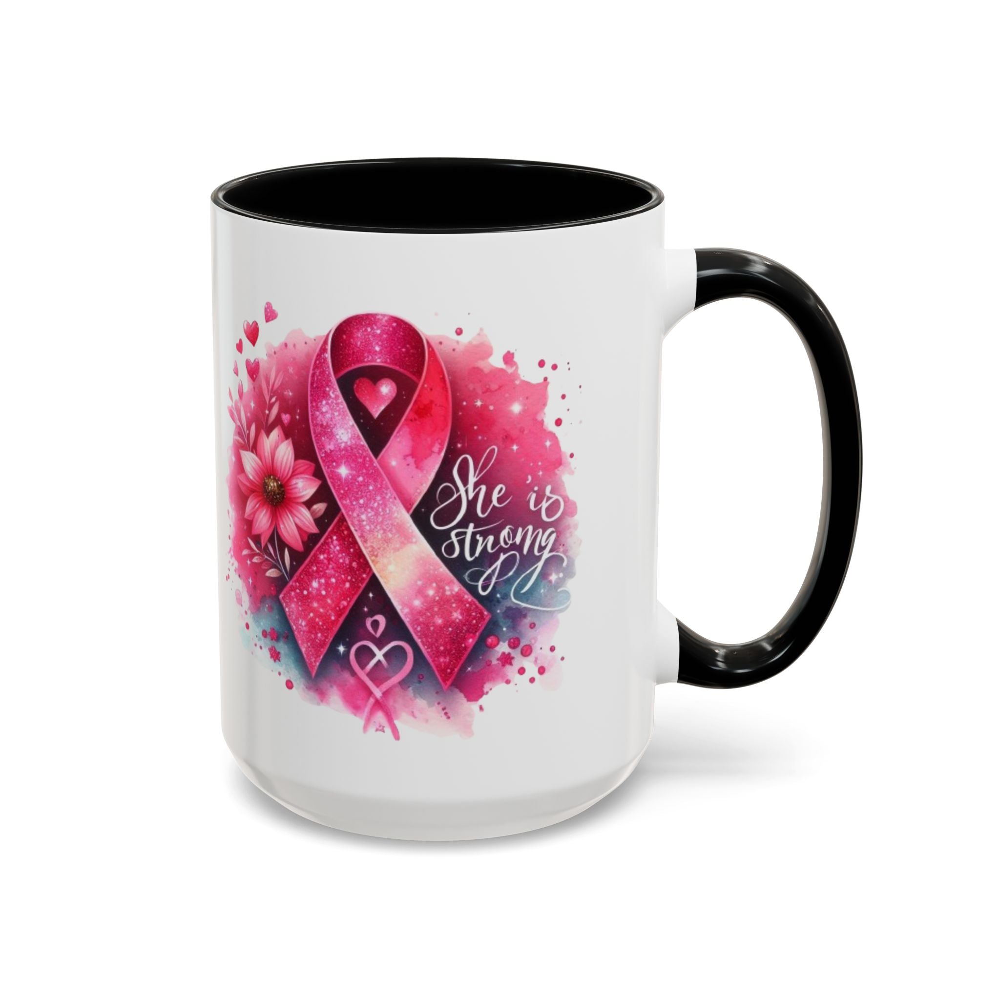 Breast Cancer Awareness Coffee Mug - Inspirational Gift, Motivational Drinkware, Supportive Cup, Pink Ribbon Design, She Is Strong