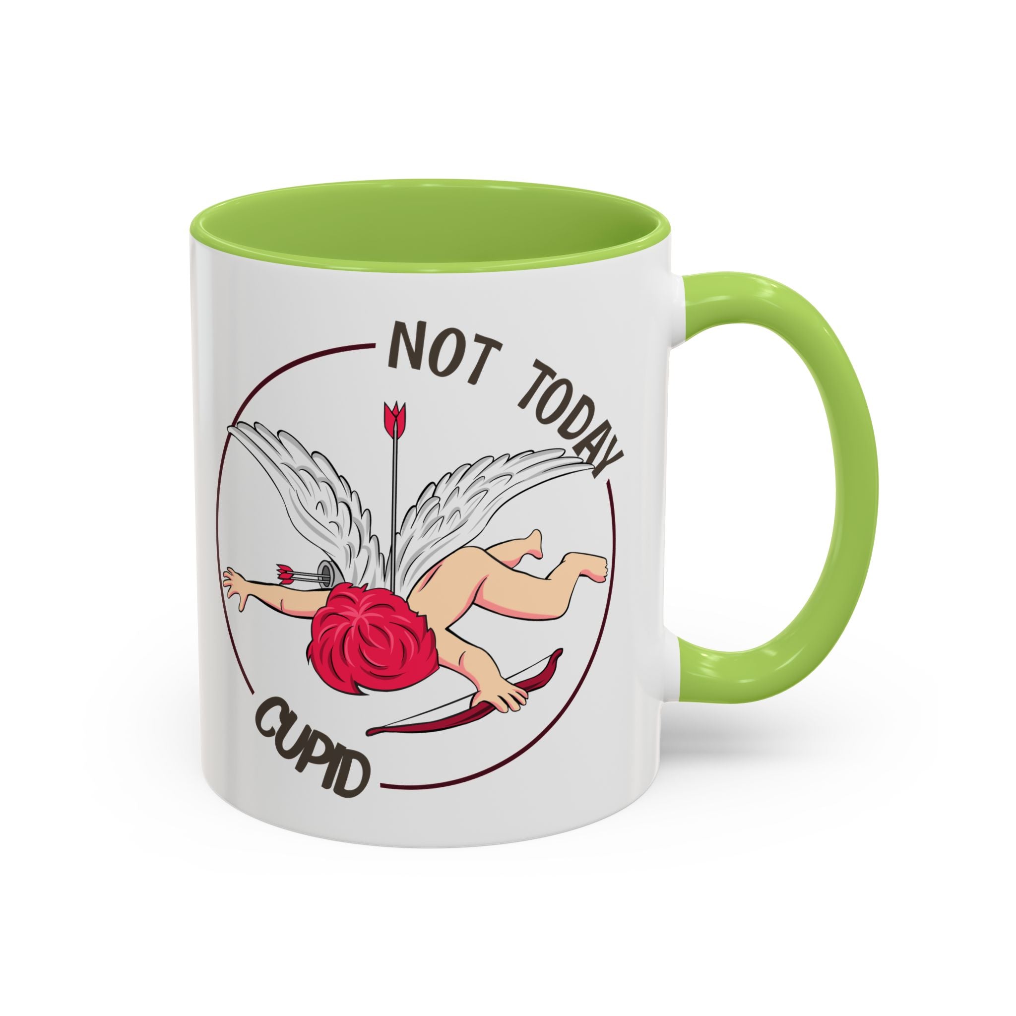 Not Today Cupid Coffee Mug — Funny Anti-Valentine Accent Mug (11/15oz)