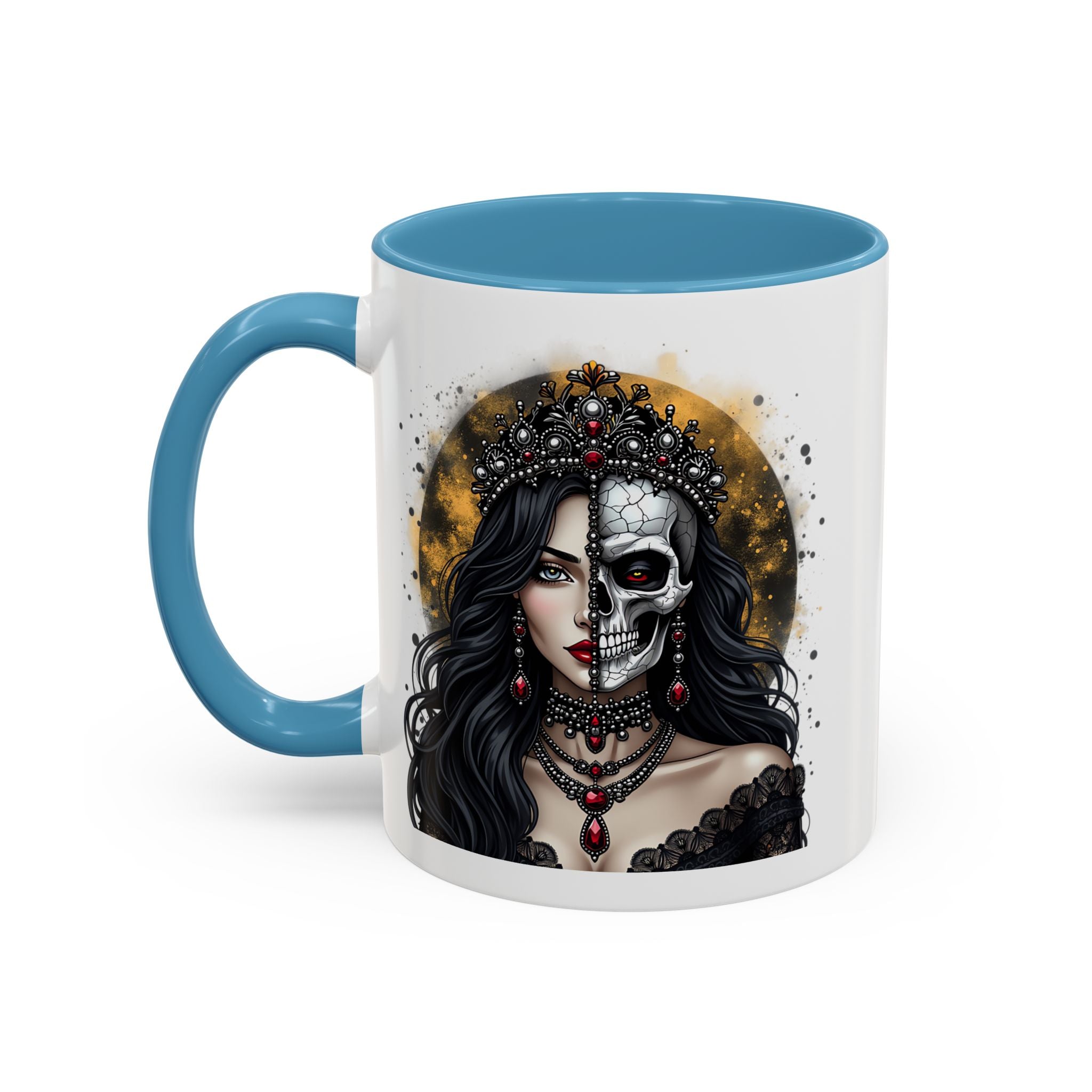 Gothic Art Accent Mug - Artistic Skull & Lady Design, Unique Coffee Cup for Halloween, Gift for Her, Decorative Kitchenware, Dark Aesthetic