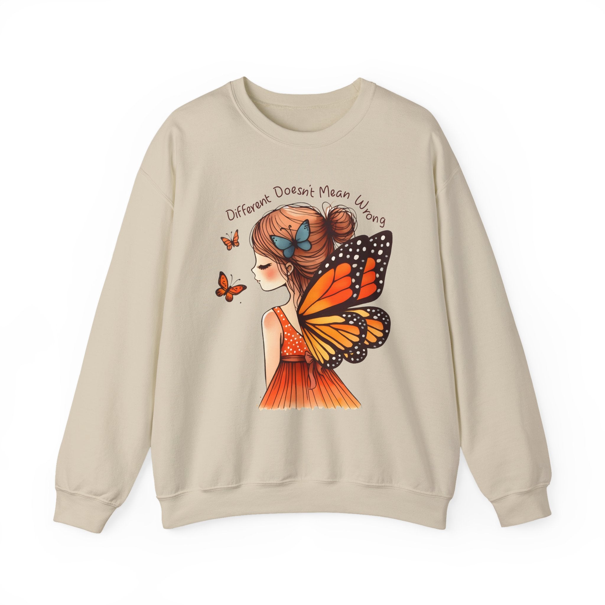 Butterfly Girl Crewneck Sweatshirt — "Different Doesn’t Mean Wrong" Graphic