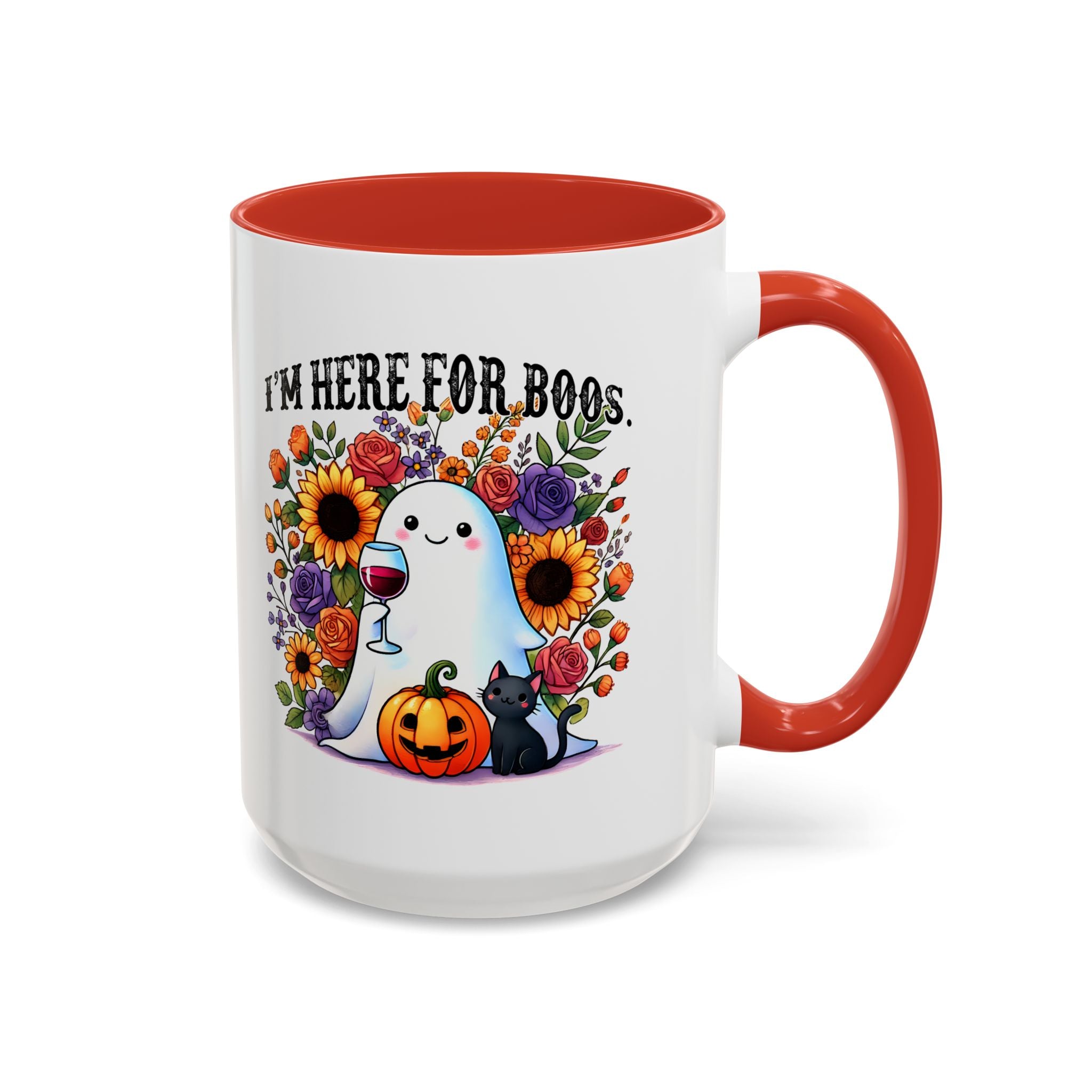 Spooky Floral Coffee Mug - I'm Here for Boos, Halloween Gift, Autumn Decor, Cute Ghost Mug, Cat Lover Drinkware