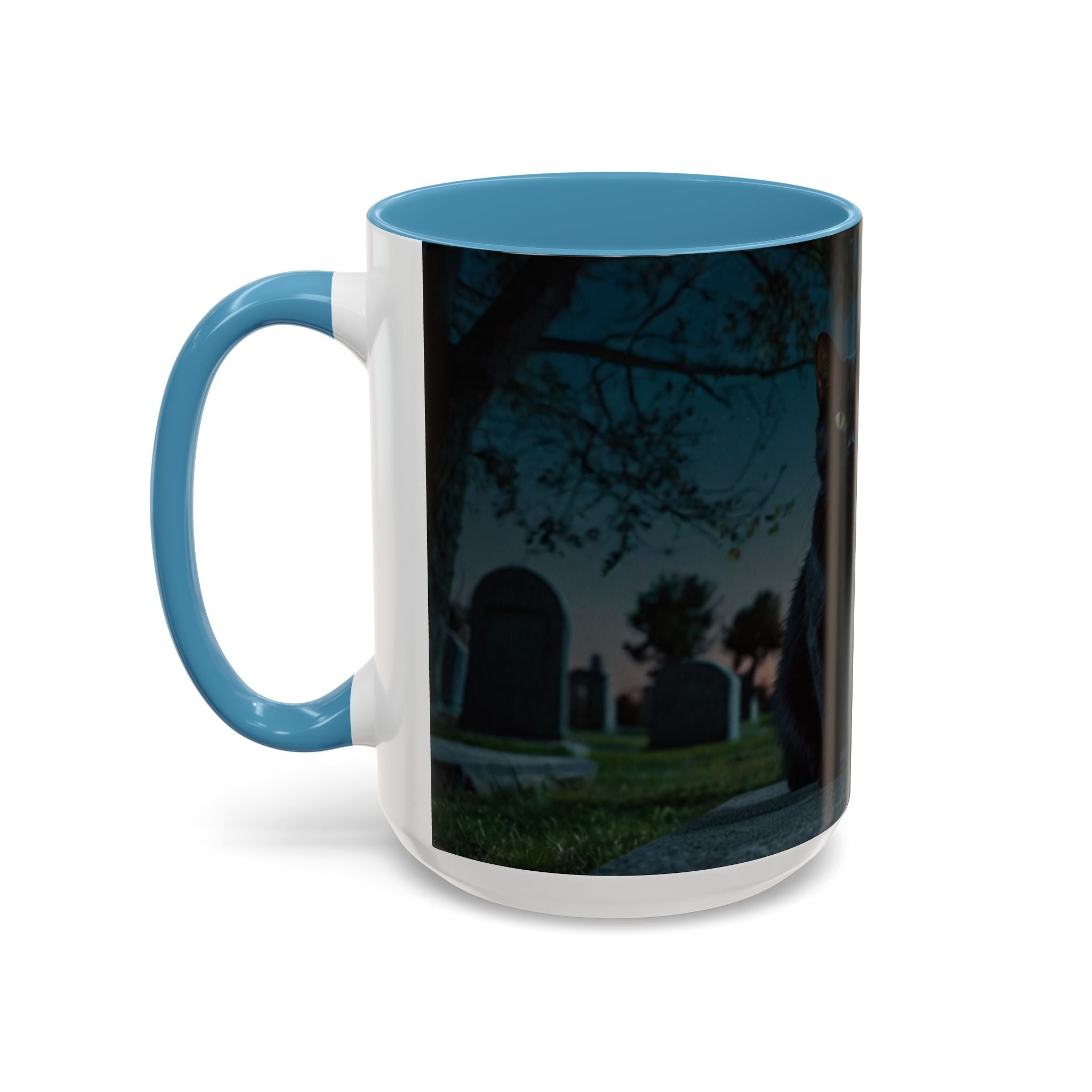 Spooky Black Cat Accent Coffee Mug in graveyard at night with full moon halloween
